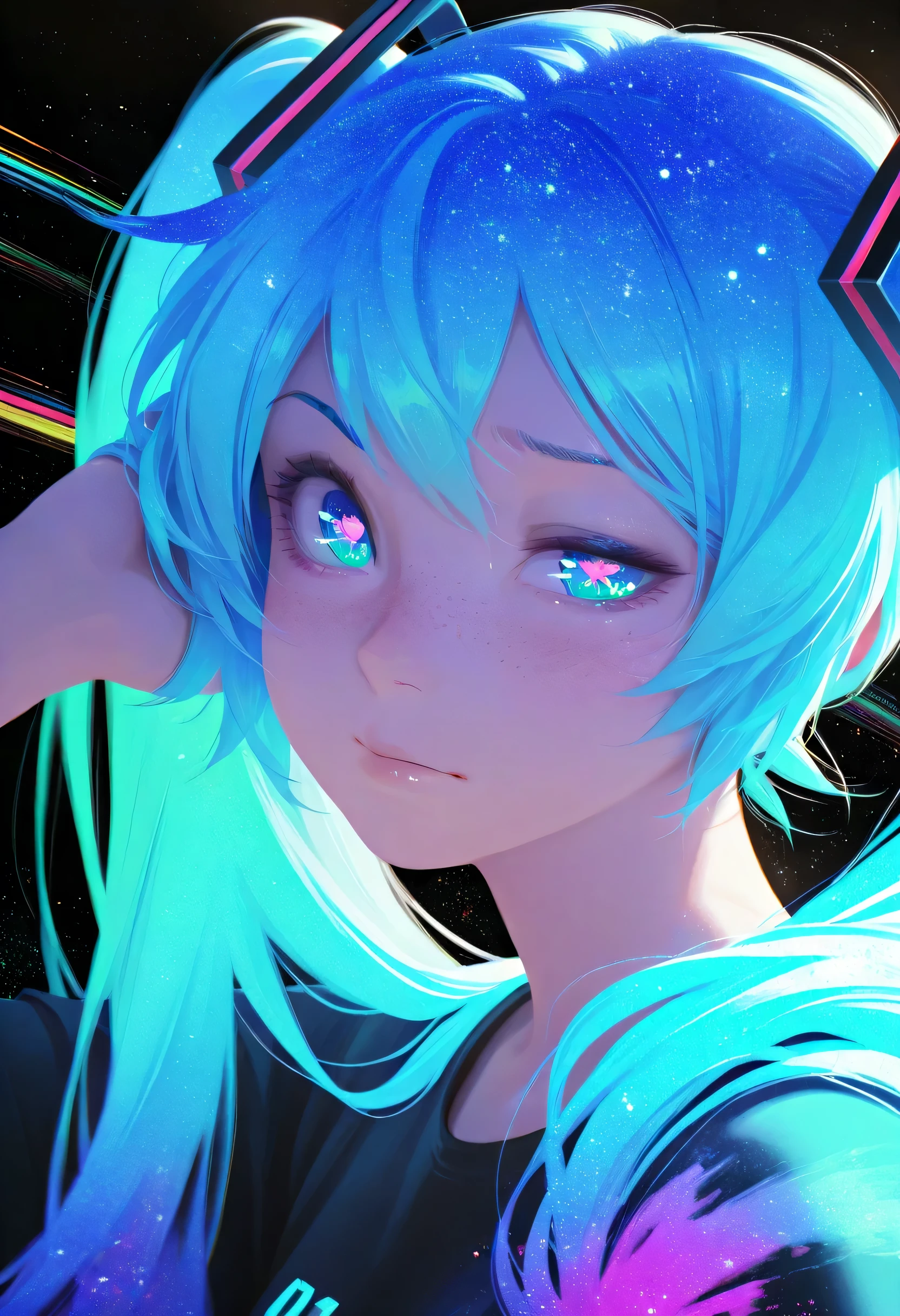 celestireal2,blending, close_up,flat color, no lineart, negative space, hatsune miku, space station, symbol-shaped pupils, close-up, raised eyebrow, from side, freckles, hand in own hair, t-shirt, black background, ultraviolet light, chromatic aberration, masterpiece, best quality, very awa, absurdres