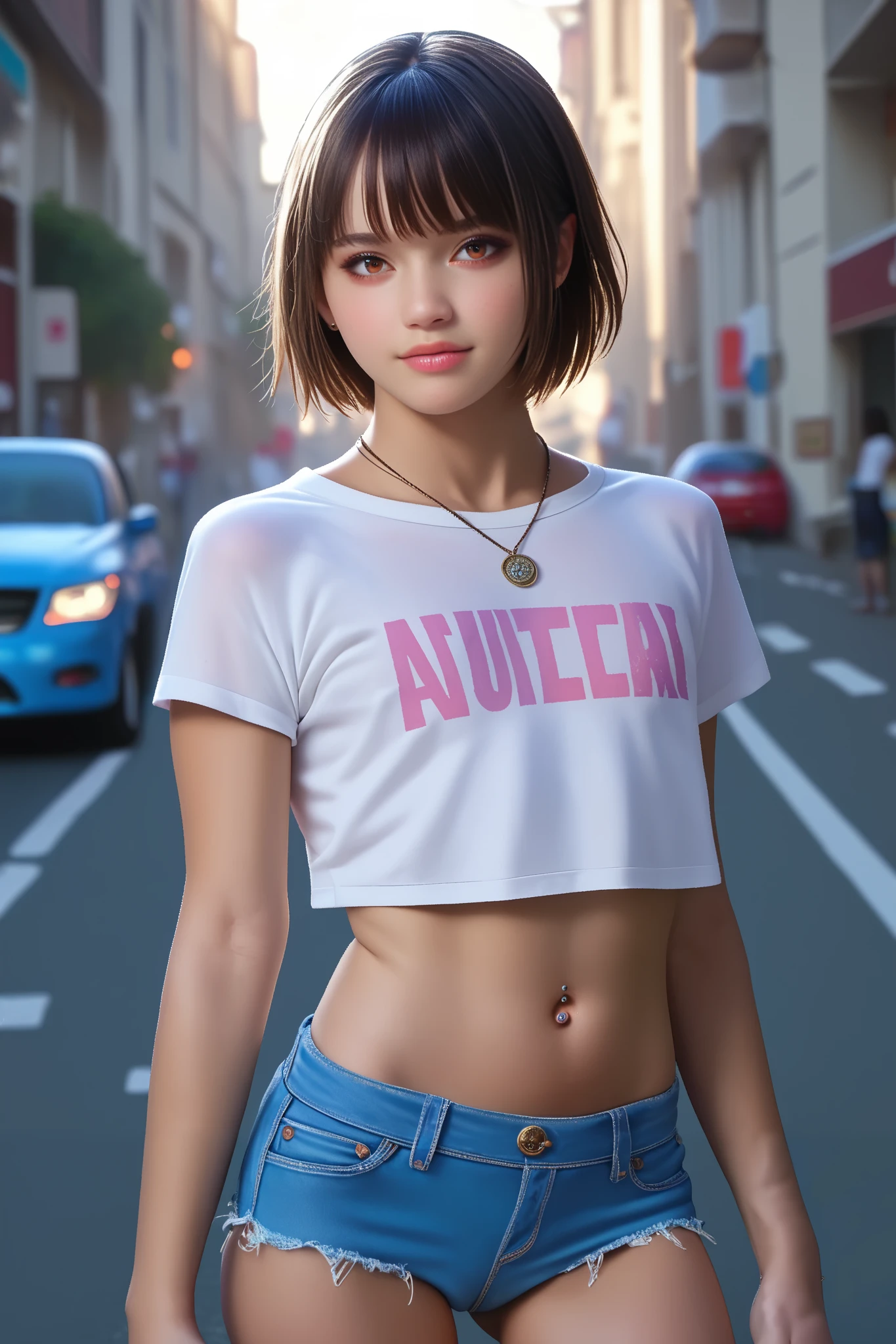 score_9, score_8_up, score_7_up, 1 girl,short hair with bangs, flat chest, fitted white cropped t-shirt, cropped shorts, navel piercing , necklace, standing in the street,