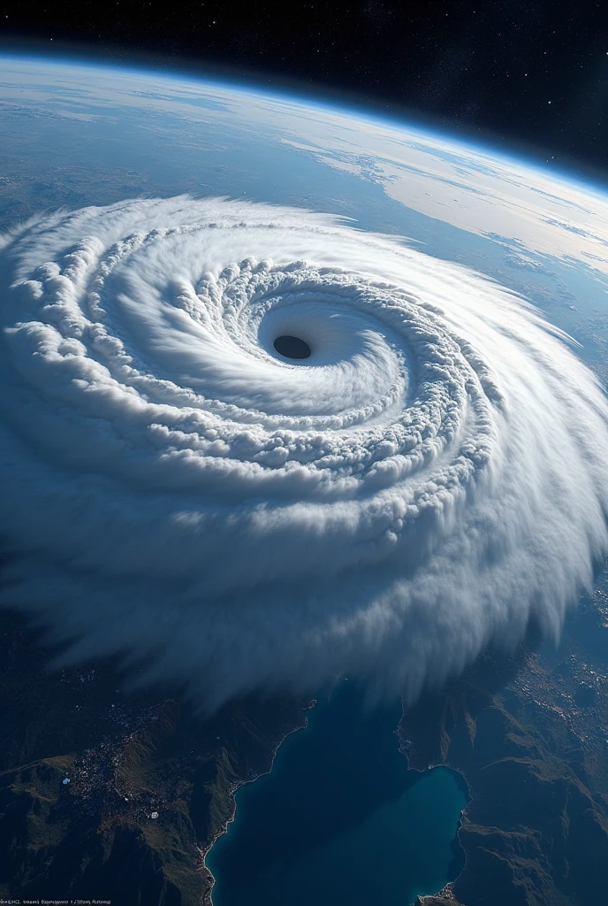 Realistic, artistic, live-action photo 8K quality, the theme is "A single cloud in the sky", the Earth seen from the space station ISS, the typhoon clouds can be seen creating a large vortex, depicting the wonder and beauty of the Earth's nature.