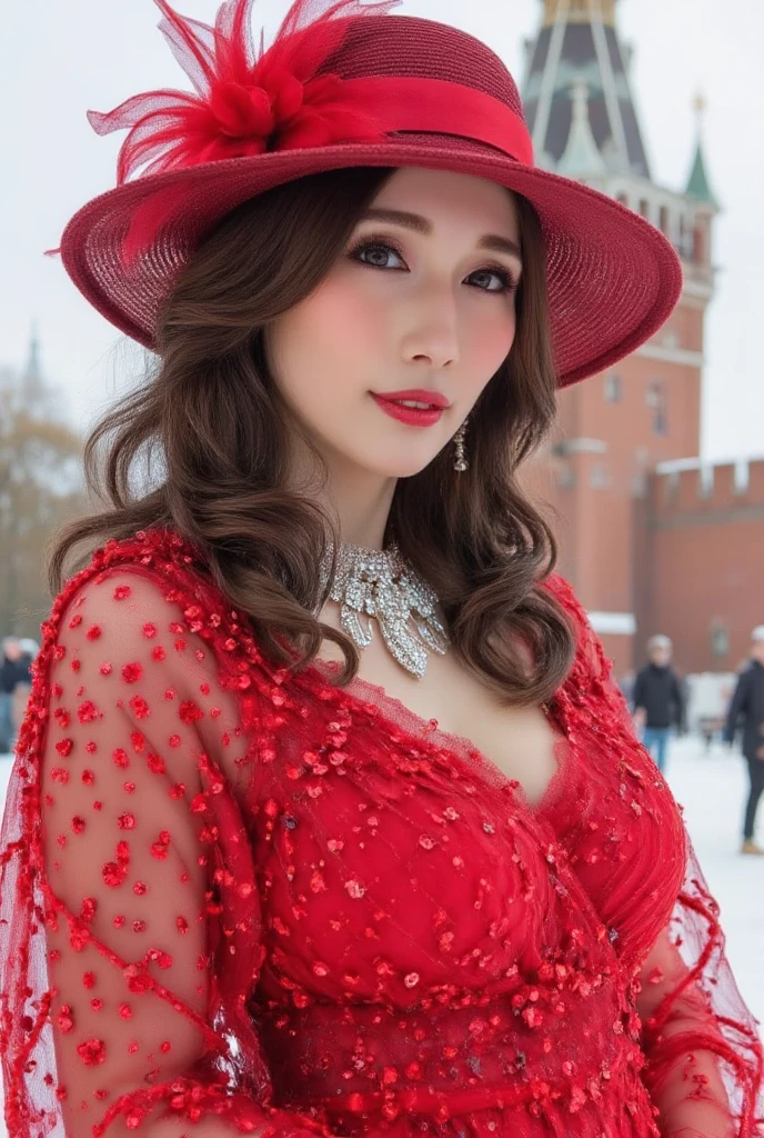 (((portraite of a))), The woman, European appearance, (((Flies, Like a bird over the sea))). (((Woman smiling, She likes))), Dressed in a translucent red dress, Translucent red scarf develops in the wind. pearls, a gold, Expensive jewelry.