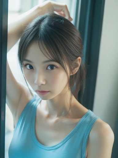 woman, resting chin on hand, looking outside, light blue tank top, by the window, shot from outside, ((masterpiece)), ((best quality)), (ultra-detailed), ((beautiful eyes)), Japanese female, (slender:1.3), ((30 years old)), beautiful,