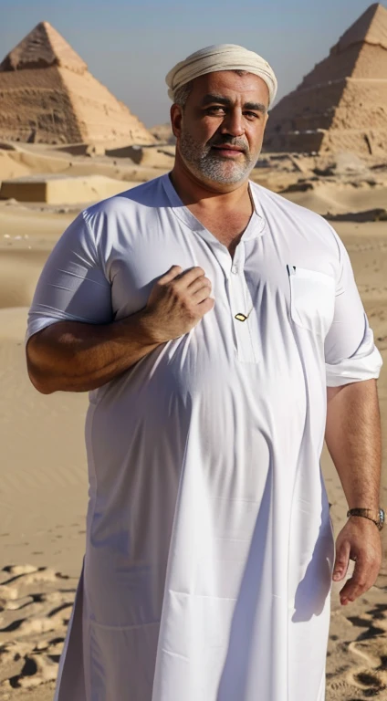 (best quality,4k,8k,highres,masterpiece:1.2), age 50, white man, horny disgusting, stud, muscular chubby, kind, mature daddy, big belly, thick arms, dilf, arab, white dress, white dishdashah, in the desert, Egypt, arab clothes, dishdashah, white thawb, big chest and belly, smiling, clean shaven, 
