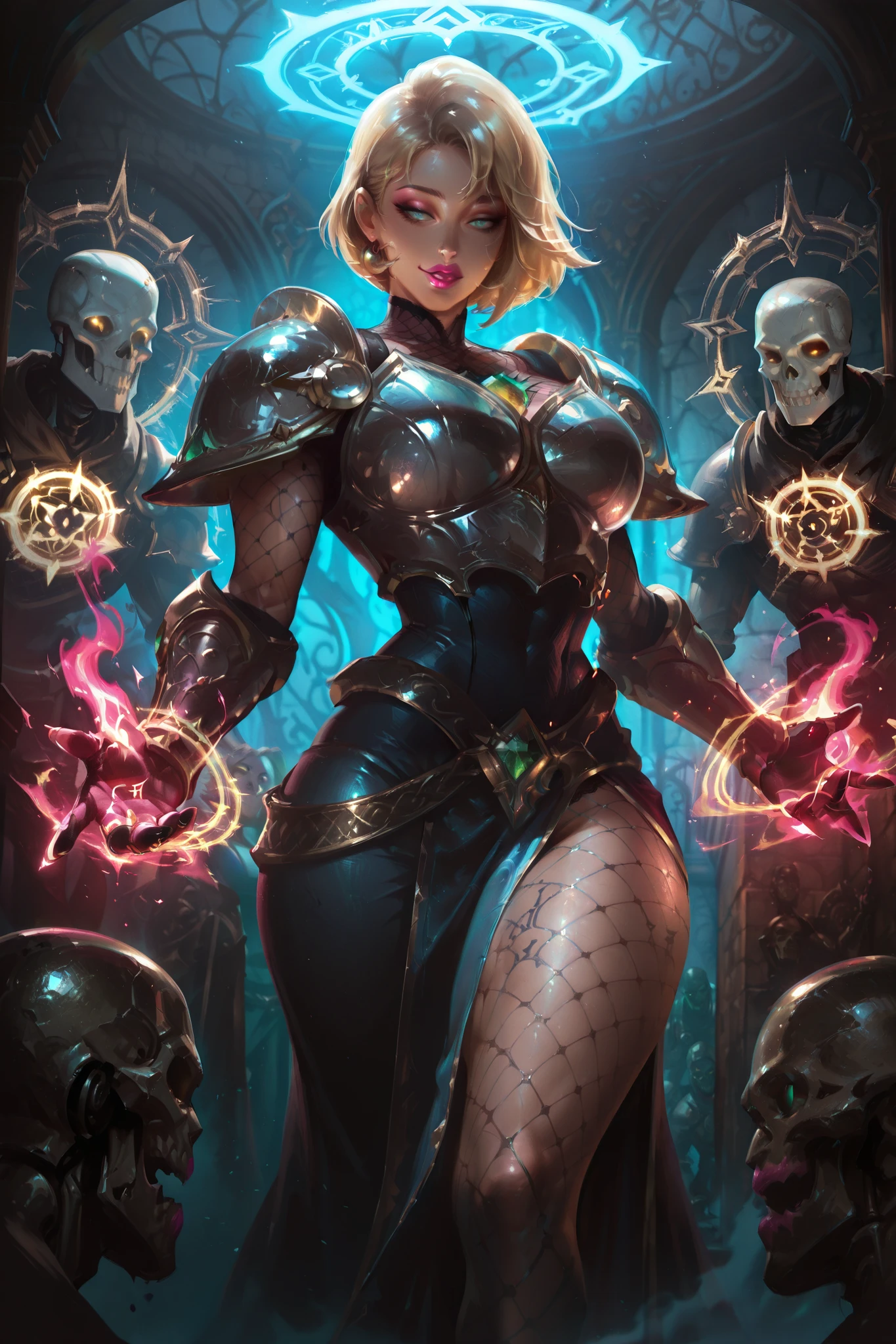 (masterpiece, best quality, 8k, hyper-detailed, photorealistic, dynamic lighting, vivid colors, 1girl, solo, mature female, short hair with shaved side, blonde, perfect blue eyes, pink lipstick, big natural breasts, wide hips, toned muscular body, wearing plate armor with emerald and sapphire inlays, fishnet accents, gauntlets with glowing runes, conjuring magic with a golden magic circle, surrounded by animated skeletons, standing in a dark dungeon with stone walls, ambient soft lighting, seductive yet malicious expression, Wide Shot (WS))