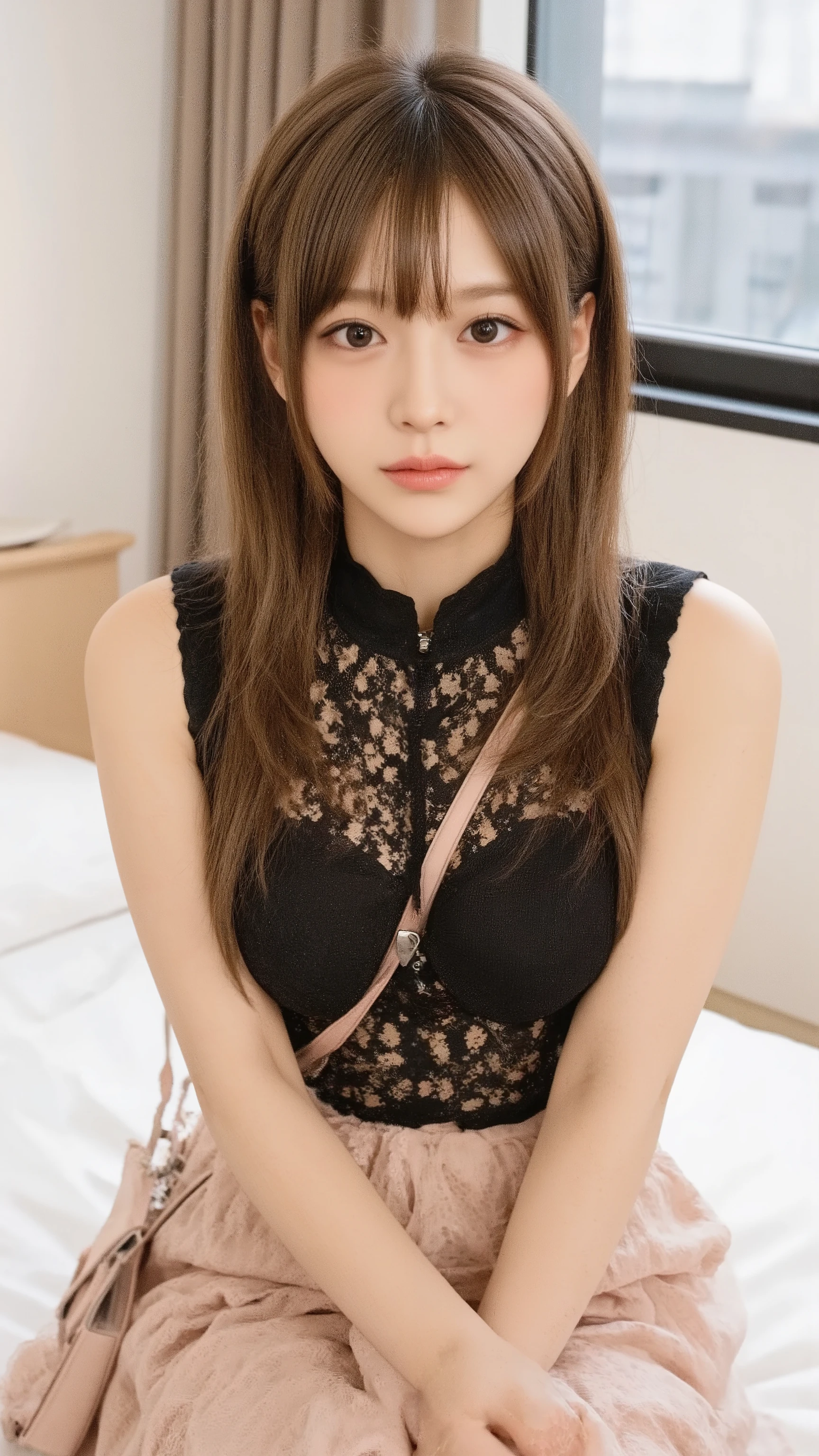 image of a Japanese age woman in minefield fashion sitting with her eyes on a hotel bed、Beautiful night view outside the window、secure her long hair with a hair clip、light pink lace I'm wearing a、It has an open shoulder design、black lace-up high-waisted flared skirt over a layered ruffle bijou blouse、 I have mine type makeup、pink inner color hair 、I'm wearing mine-type makeup 、 I'm wearing、The bag strap goes between my chest、(angle from above)、Accurate portrayal of a person