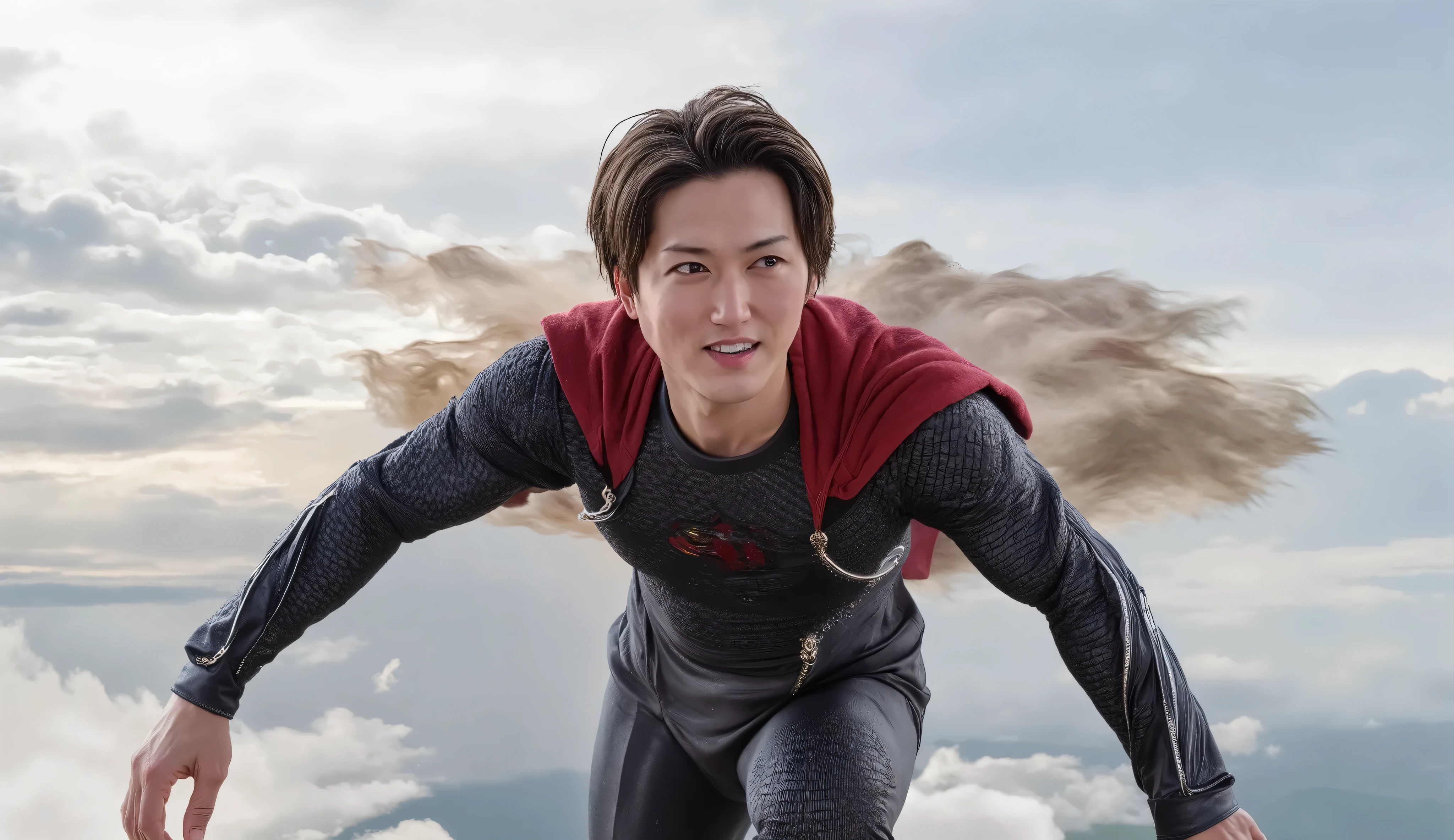 handsome Japanese man, flying in the sky, high resolution, sharp face, wearing Superman outfit, realistic image, cinematic, dynamic