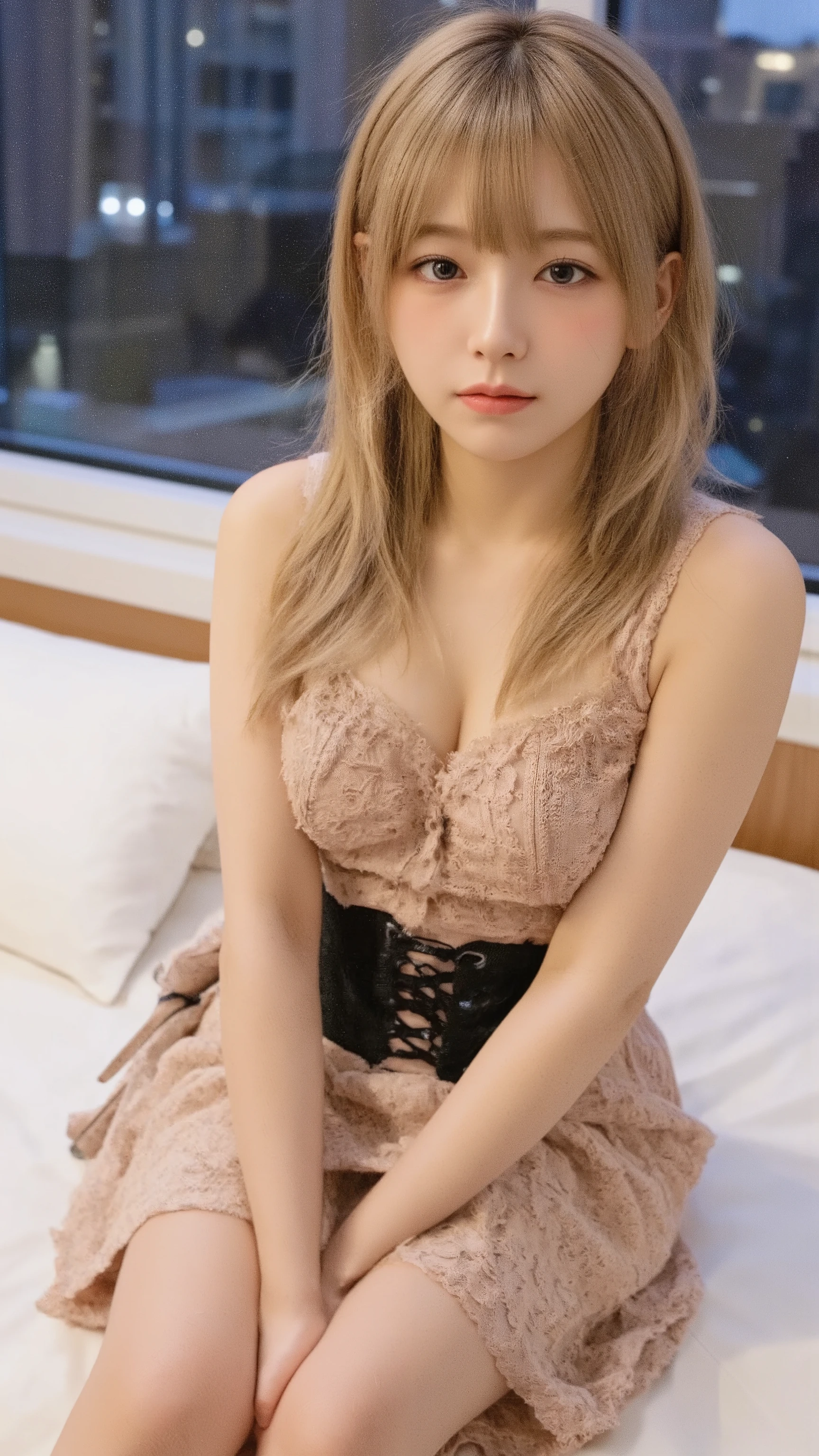 image of a Japanese age woman in minefield fashion sitting with her eyes on a hotel bed、Beautiful night view outside the window、secure her long hair with a hair clip、light pink lace I'm wearing a、It has an open shoulder design、black lace-up high-waisted flared skirt over a layered ruffle bijou blouse、 I have mine type makeup、pink inner color hair 、I'm wearing mine-type makeup 、 I'm wearing、The bag strap goes between my chest、(angle from above)、Accurate portrayal of a person