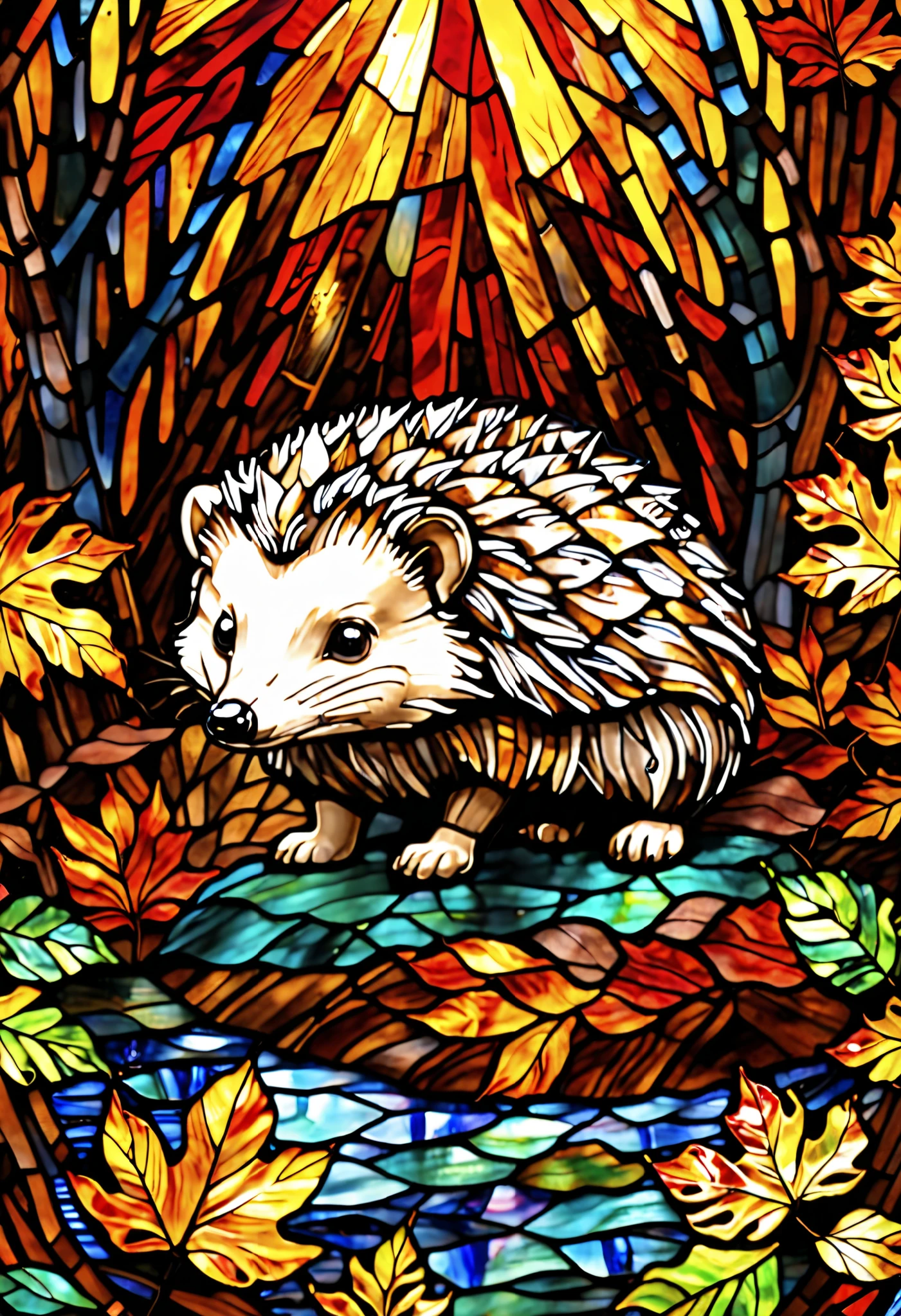 "A stunning stained-glass artwork featuring a single, adorable hedgehog nestled in a vibrant autumn forest. The hedgehog’s quills shimmer with intricate glass textures in warm hues of chestnut, amber, and soft pink, capturing the delicate beauty of nature. Its round, gleaming eyes reflect curiosity and innocence, making it irresistibly cute. The background is a breathtaking mosaic of golden sunlight filtering through intertwining branches, casting colorful reflections on the forest floor. Surrounding the hedgehog are lush, multi-colored leaves in autumn tones of red, orange, and emerald green, enhancing the cozy, magical atmosphere. The leaded outlines and radiant stained-glass effect give this artwork a timeless elegance, blending warmth, nature, and charm in a truly mesmerizing masterpiece. The composition focuses on a single hedgehog as the central subject, ensuring clarity and harmony in the artwork."

