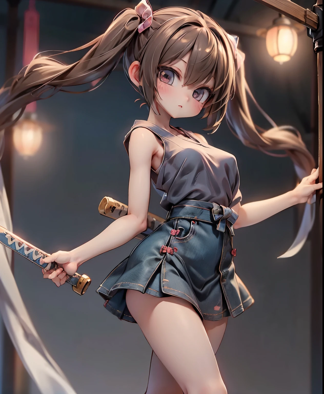 ( masterpiece、Highest品質、Highest品質、Official Art、 beautiful and beautiful :1.2)、(one girl:1.3)、twin tails,beautiful breasts,(((SFW、sound、Highest quality、 first class masterpiece 、 Normal Body 、8k、detailed faces、 super precise、 real color 、Normal refer to、5refer to、Highest)))、beautiful girl、brown hair、bob cut、slender、 low length 、 thin legs、Blue short sleeve shirt、white tank top、 tank top 、blue mini skirt、energetic、 Fluttering Skirt