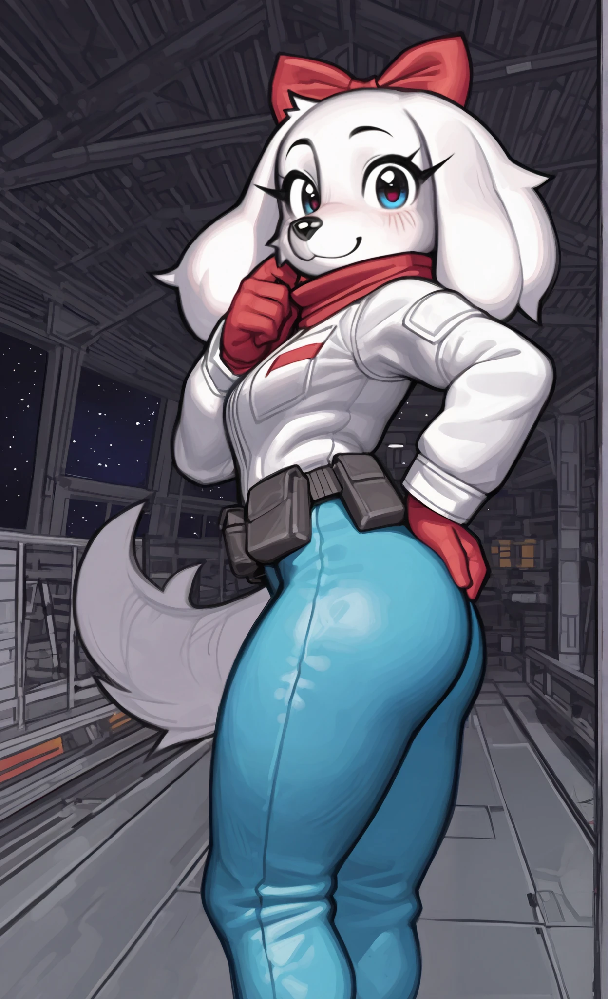 ((Fay Spaniel)), ((Starfox)), ((pixelsketcher)), ((wamudraws)), ((masterpiece)), ((high resolution)), ((solo portrait)) ((side view)), {(attractive figure), (wide hips), (beautiful legs), (white fur), (black nose), (floppy dog ears), (cute blue eyes), (long eyelashes), (cute smile)}, {(cyan jumpsuit), (white jacket), (red gloves), (red scarf), (utility belt), (giant red bow)}, {(standing), (hand on hip), (looking at viewer)}, ((hangar)), ((space))