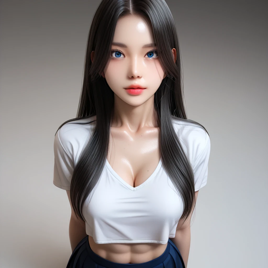 ((black hair))、(Light white inner hair ), top quality、 Masterpiece、( Professional Lighting )、 surreal、 (Nipples:0.4), enchanting、 Slim waist、 1 girl with Korean makeup, (full body, (Head-to-toe shot:1.4), full body shot, from front, from above,), ( slightly larger breasts, midriff peek ), ( oily skin ), ( bright, beautiful blue eyes , (( Princess cut, long hair , layer cut )), ( black mini tight skirt , U-neck t-shirt, cleavage visible ,(( punk style fashion))) , ( bright光の中で目を細める美しい顔 ), knee-high socks, loafers