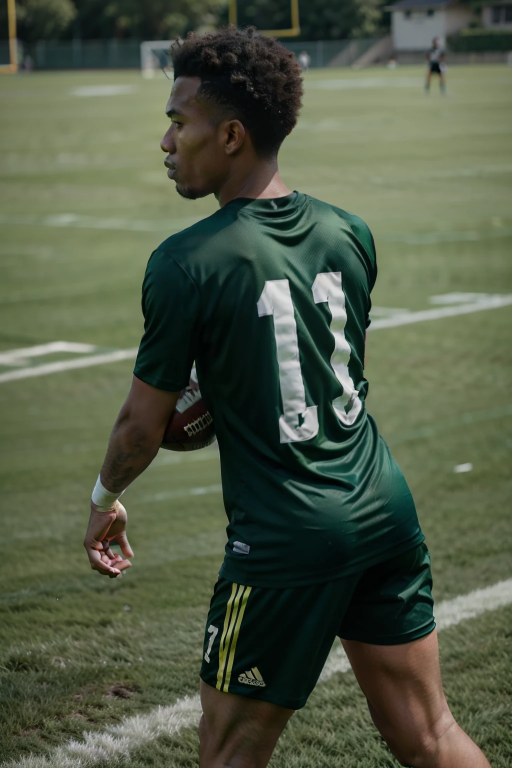 A football player, dressed in a football uniform, He is kneeling in front of a shiny avocado and worshiping it as if it were a sacred object. The avocado is shining brightly and the footballer shows an expression of reverence and admiration towards it.