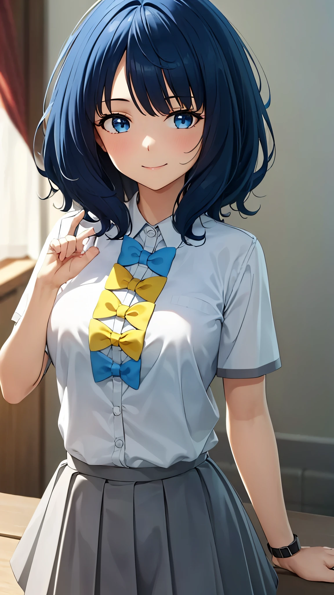 , collared shirt , white shirt, , yellow bowtie , short sleeve, pleated skirts that blow out, Grey Skirt , (TOP QUALITY, masterpiece:1.2), 1 girl, ((( masterpiece))), Watch Viewers, smile, , TOP QUALITY, TOP QUALITY, advanced details, 1 girl, (((TOP QUALITY))).)((Super Detail))), super high resolution images, bright colors, cute, straight on, full body, short hair,smile