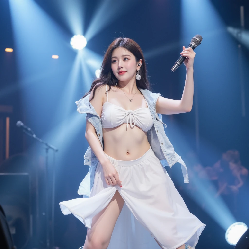 A short and cute idol、whole body、Good style、Shiny white frilly idol costume、mini skirt、A pure idol face、stage、White skin、(((Looking at the camera)))、(Nipples are visible)、Thighs,(microphone)、Small breasts