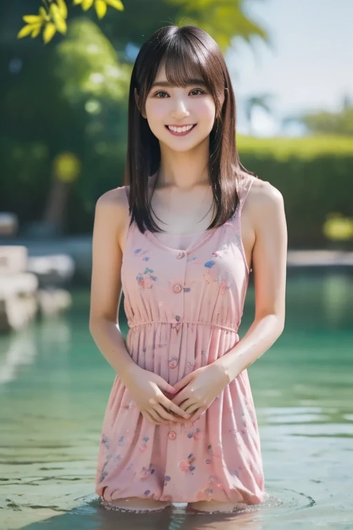 (8k, Photorealistic, Raw photo, Highest quality: 1.4),Japanese idol style1Beautiful girl of the person,18-year-old,Short bob hairstyle,Natural Waves,Silver Hair,She has her hair tucked behind her ears,She has small earrings in her ears,Big, clear grey eyes,Long eyelashes,Plump Cheeks,She is wearing pale pink lipstick.,Apply gloss over your lipstick for glossy, plump lips,Smiling,A short pendant is hanging around her neck.,The nails on both hands are painted with light pink nail polish.,Both toenails have red nail polish,(She is wearing a long, sleeveless, floral dress with lots of small flowers on it.,(Brown base :1.4)),wearing sandals on bare feet,sitting on a bench in front of a park fountain,Full body portrait