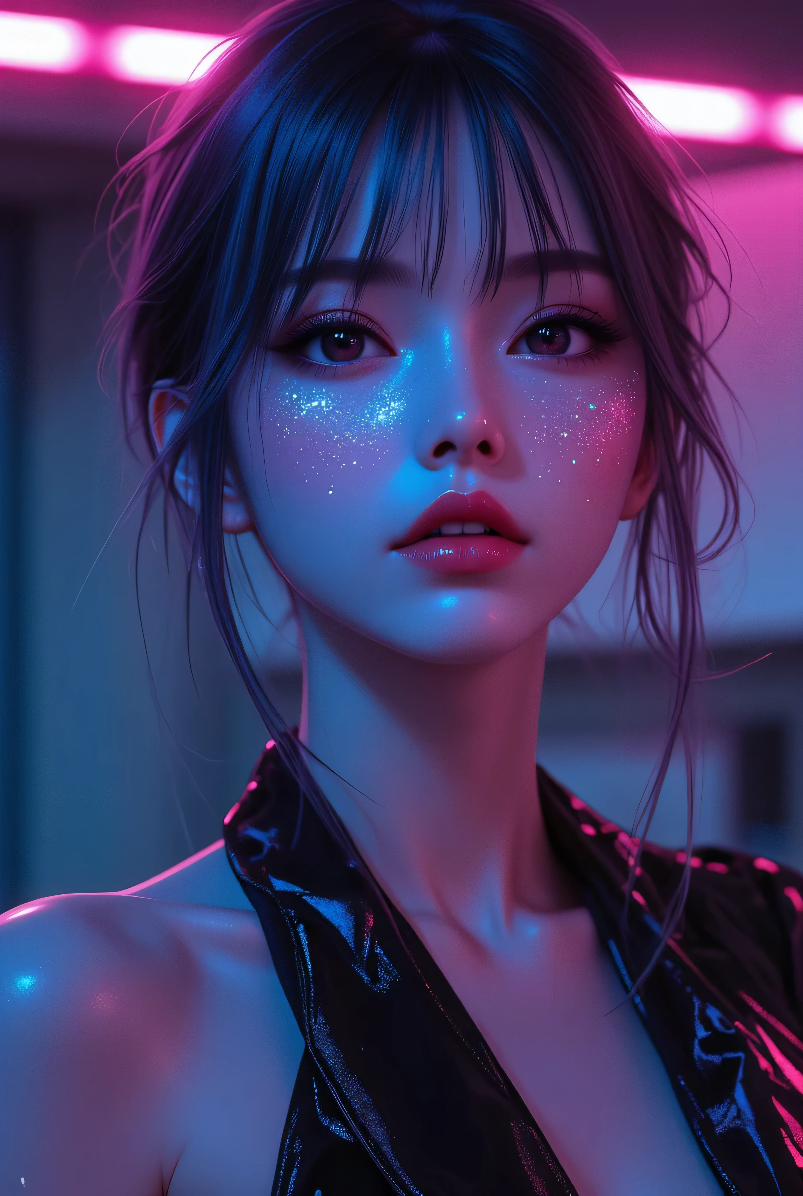 80’s glam rock makeup on shiny android face, anime, 2.5D, Glittery face, moody lighting, (purples, pinks, and blues), iridescent face, abstract ai model, pretty, sexy, minimal, sleek, slender, asian, elegant, chic, futuristic, retro, sophisticated half human half machine, close up face portrait, mouth open half, ((((ahegao)))),, half-closed eyes,