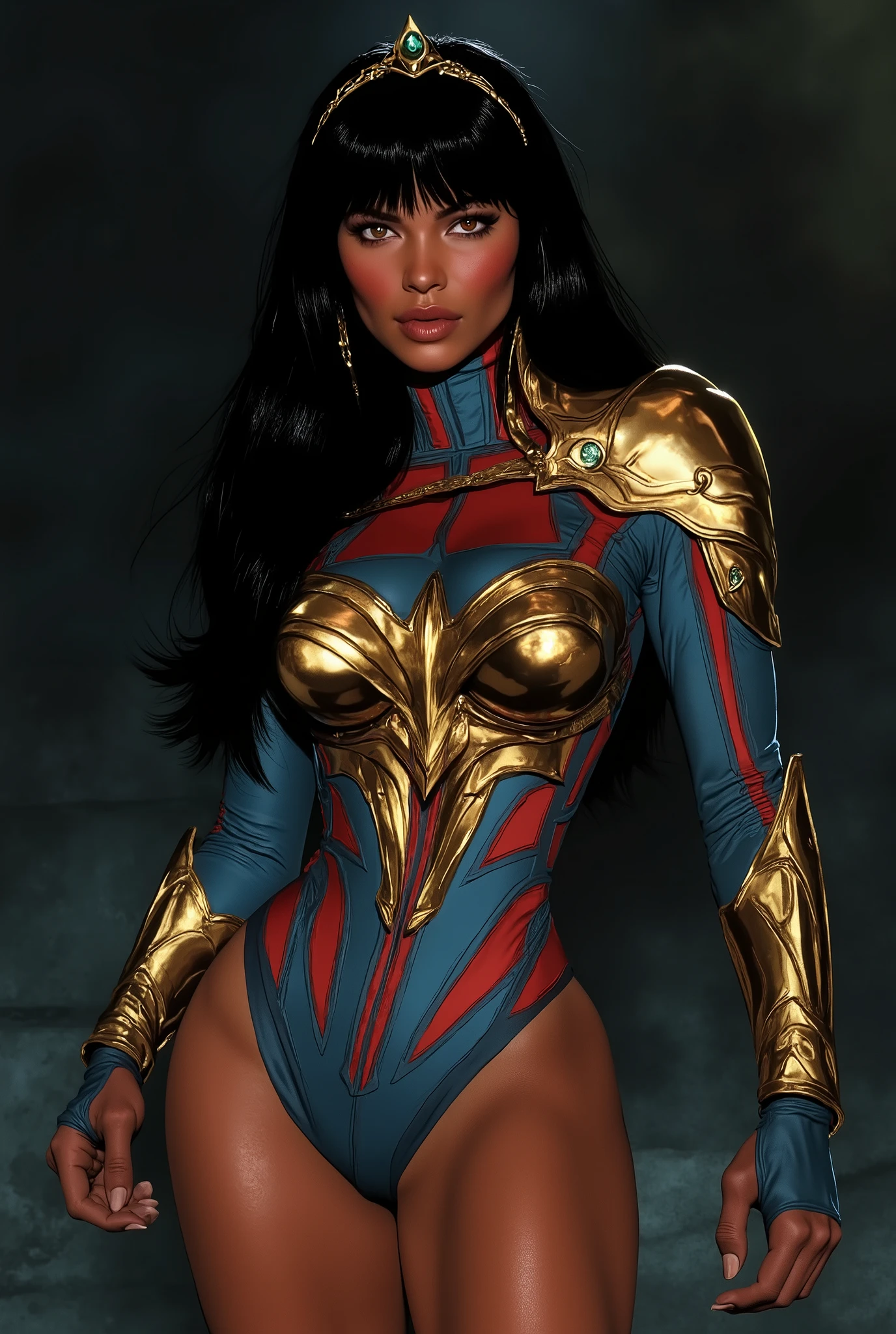 score_9, score_8_up, score_7_up, volumetric lighting, dynamic shading, 1girl, Yara Flor, dark skinned female, female is native Brazilian, blue leotard, knee high boots, amber eyes, tiara, tight clothing, golden chestplate armor, (cameltoe:.5),golden armband, golden pauldron, long black hair, blunt bangs, large breasts, skin indentation, eye contact,, flouting, suggestive pose, professional lighting, ultra realistic, hands on hips, hands on waist, 