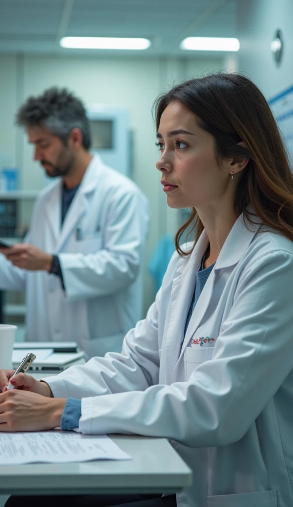 uma cientista em um laboratorio olhando pela janela e vendo uma cidade futurista