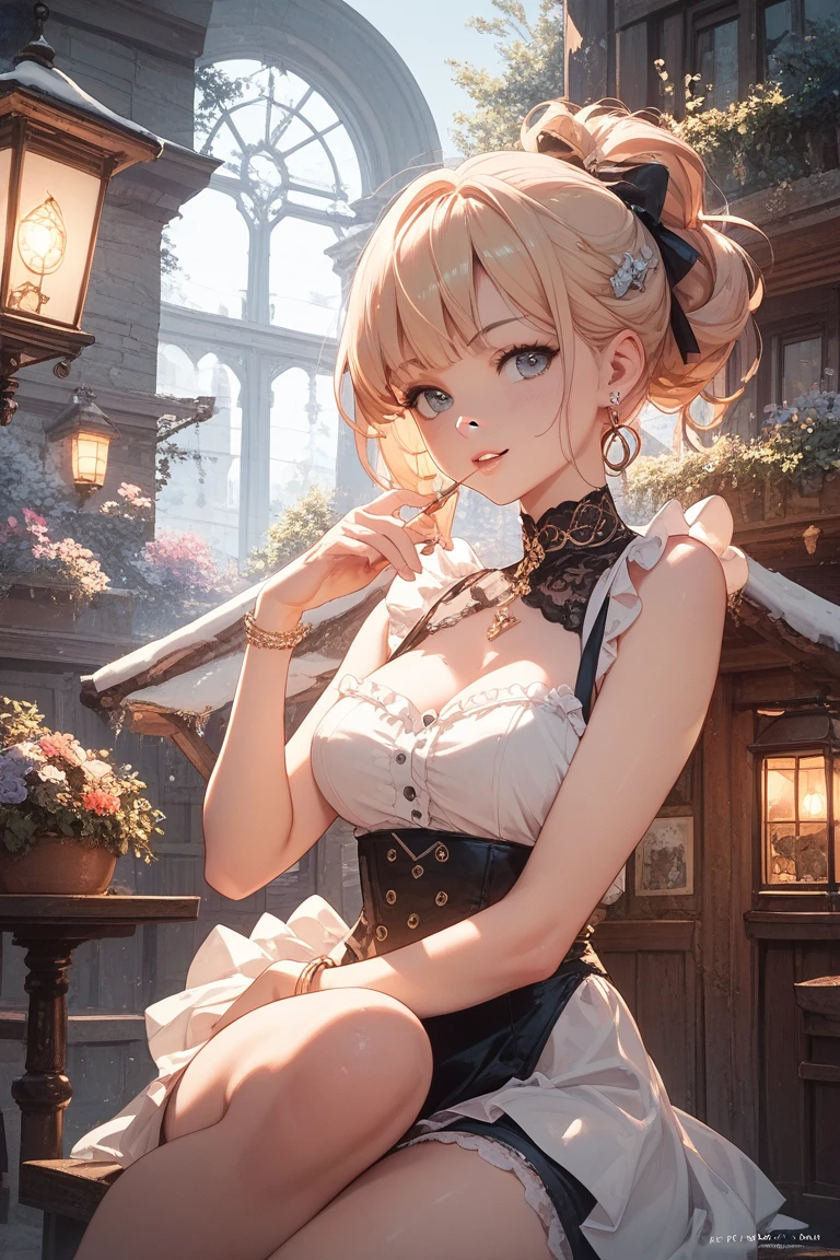 A masterpiece image of Noelle with the best quality, capturing every single detail and showcasing her stunning beauty. The image should have a high level of realism and photorealism. Noelle has a bob hairstyle, a serious expression on her face, and her hands raised up to the sky. She exudes determination and a strong aura. The scene is set on a battlefield with bright overall lighting and a backlighting effect. There is a dense fog that adds a fantastical atmosphere to the image. Noelle's body lines are beautiful and well-defined, emphasizing her slender figure. Her breasts are small but exquisitely beautiful, with a gorgeous cleavage that adds to her allure. The overall color tone of the image should be vibrant and vivid. The lighting should create a dramatic effect, enhancing the mood and emphasizing Noelle's presence. The image should be ultra-detailed, with a resolution of 4K or even 8K, making it a true masterpiece.