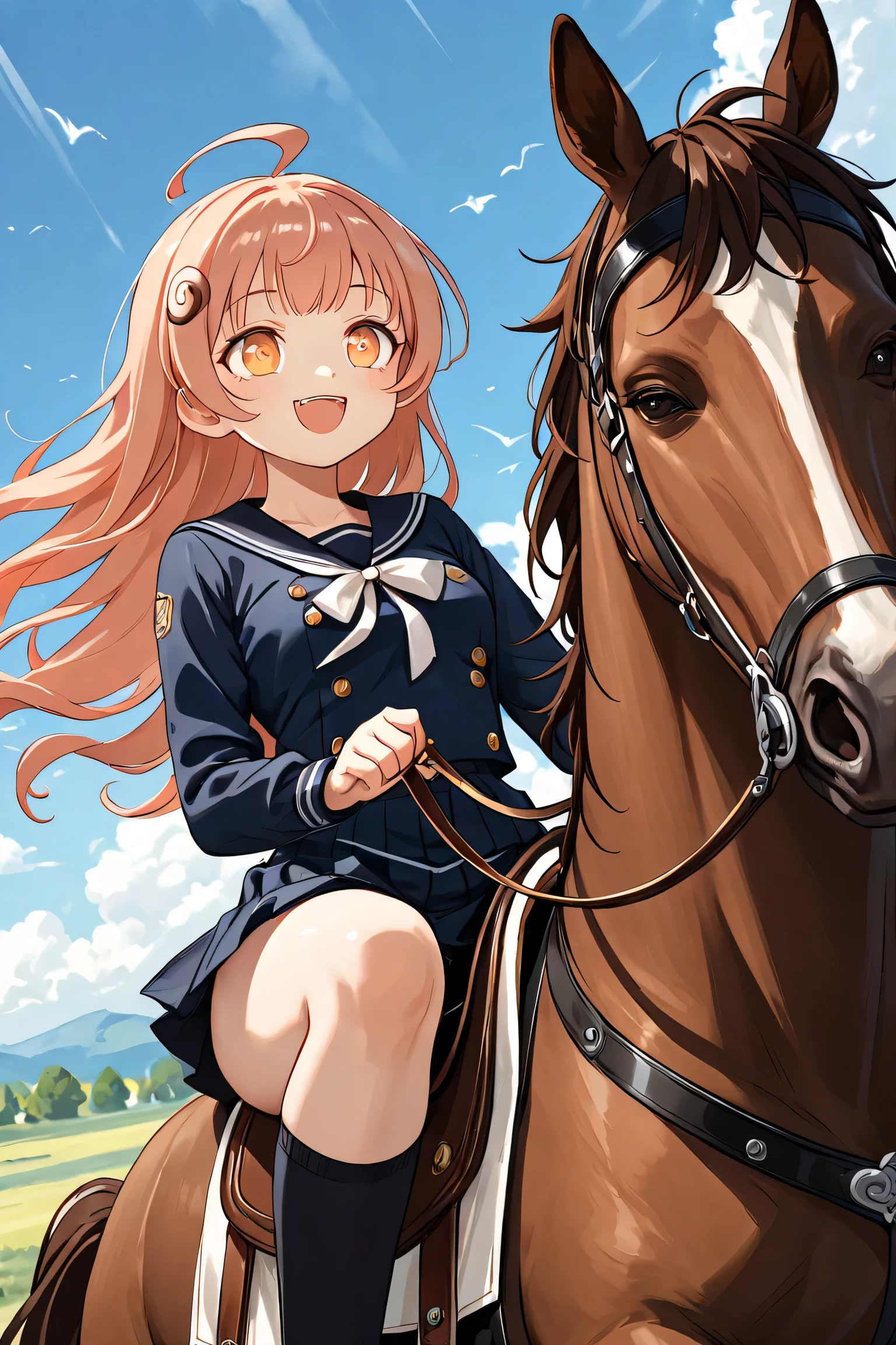 Woman on horseback、 dark brown hair、 Compa、blue sky