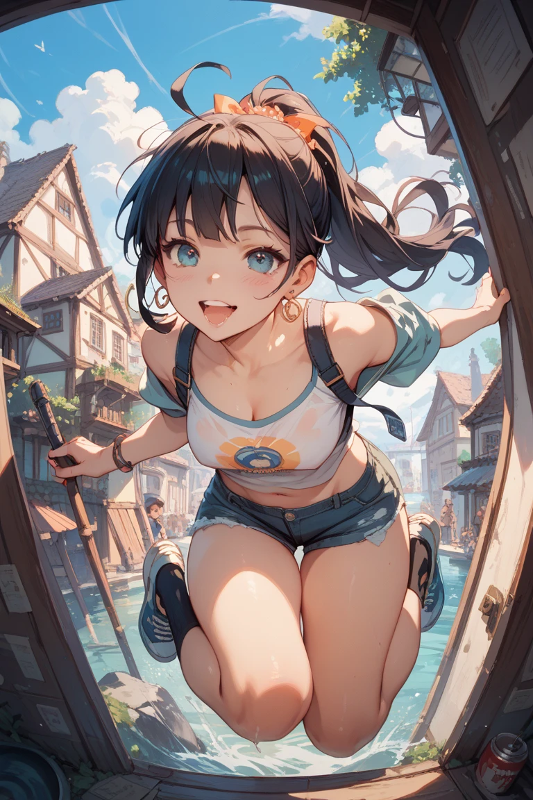 Highest quality, masterpiece, Ultra-high resolution, (Realistic:1.4), RAW Photos, Intricate details, Big beautiful eyes, Perfect contours, masterpiece, One Girl, ((Junior high school student)), Braided Bob, (aerial view:2), (perky breasts:1.5, high breasts:1.5), (curvy waist:1.5), Competitive swimmer, (one piece:1.5, turtleneck,Sleeveless swimsuit, Sandals), ((A ruby-clear red swimsuit:1.5)), tight high leg swimsuit:1.4, ((shoot from behind:2, looking away:2)), Portraiture, ((Standing on the edge of a cliff:1.5, Hesitant to jump:1.5, Incredibly high sheer cliffs:1.5, Stand at the highest point overlooking the surrounding area, peer down the cliff:1.5)), (Anxious expression、His mouth is twitching with fear), Wet Skin, (Underarm)