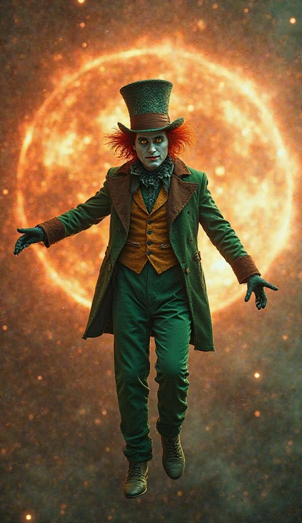 A space-faring clown with futuristic makeup, green cosmic smoke rising from his face, and high-tech attire. The background is a dark, starry galaxy.