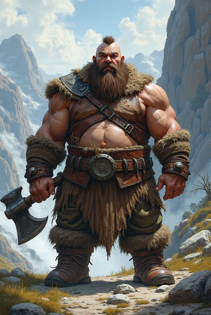 A half orc man, barbarian, of 180 cm, short black hair, thick pale skin, amber brown eyes cut scar above his right eye, defined muscle but not too big, thick bearskin clothes, several scars on his body written words "Peace", with a two-handed longsword on his back, non-RPG inspired d&d 5th