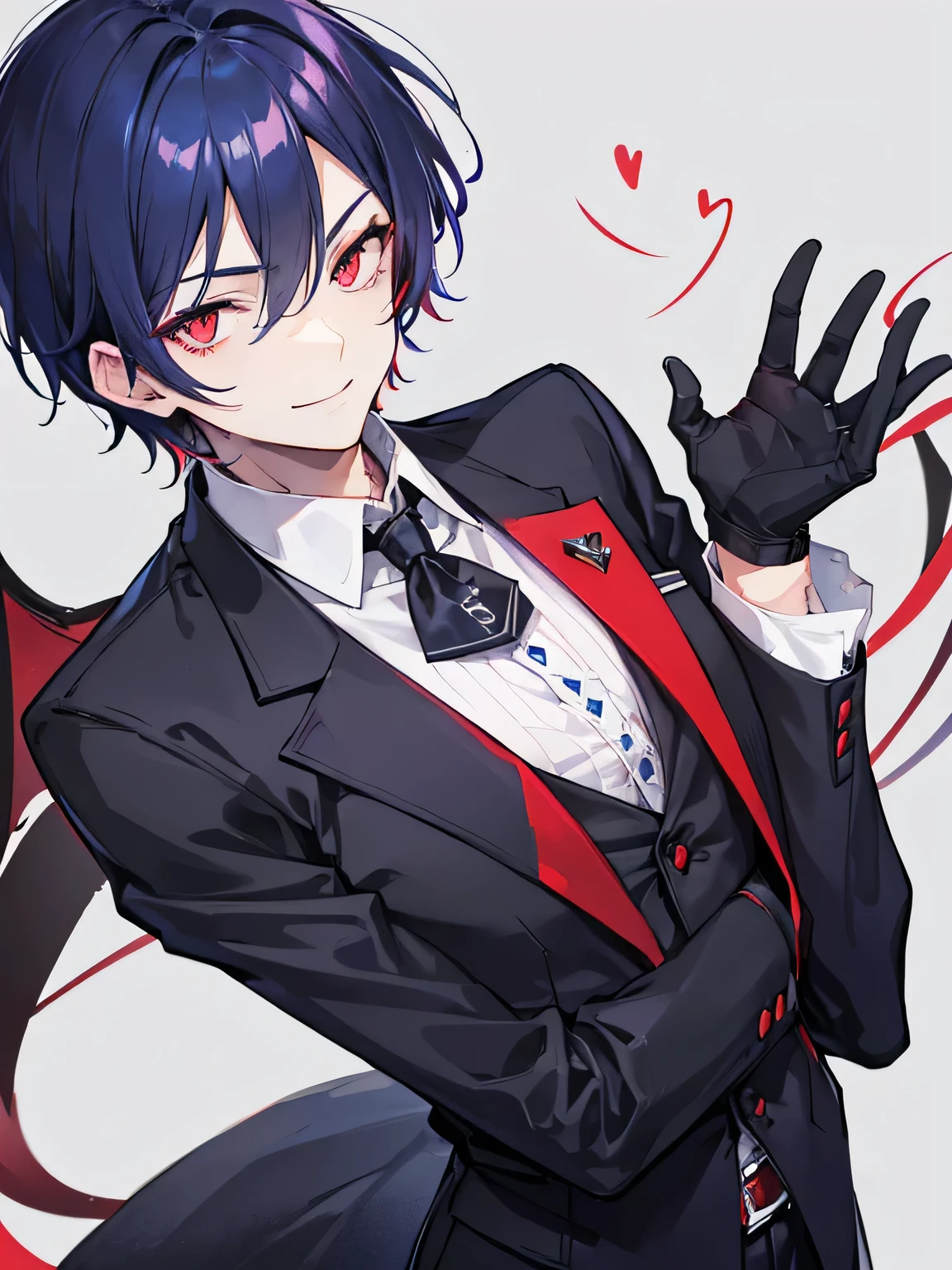 A handsome man, demon, butler, smiling, red crimson eyes color, dark blue hair color, heart eyes, short hair, take care, gentle, black gloves, cool pose, up close look at you