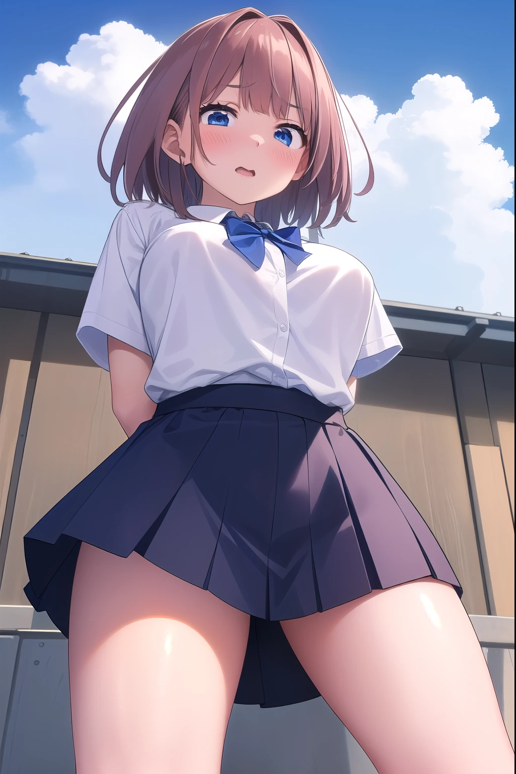 ( masterpiece, TOP QUALITY), 非常に詳細なbackground, perfect lighting、TOP QUALITY, {(dynamic angle:1.3)、(angle from below:1.7)、 lower body、Looking up、(thigh close-up:1.3)}、{Hitoyobafu、1 girl、wind:1.3、(arms behind back:1.5)、(18 years old)、 short brown hair、 blue eyes、( look here:1.5), (Looking Down:1.5)、( panic:1.5)、(blush:1.7)、{(white blouse with collar and buttons:1.3)、(Short sleeve)、( blue bow tie)、{slender、 glamour}、(big breasts outdoors at night)、(blue check skirt)、(windでスカートリフトアップ:1.6)、(socks)、 white thighs:1.5}、{background、( school rooftop during lunch break)、blue sky、 fence、cityscape}、