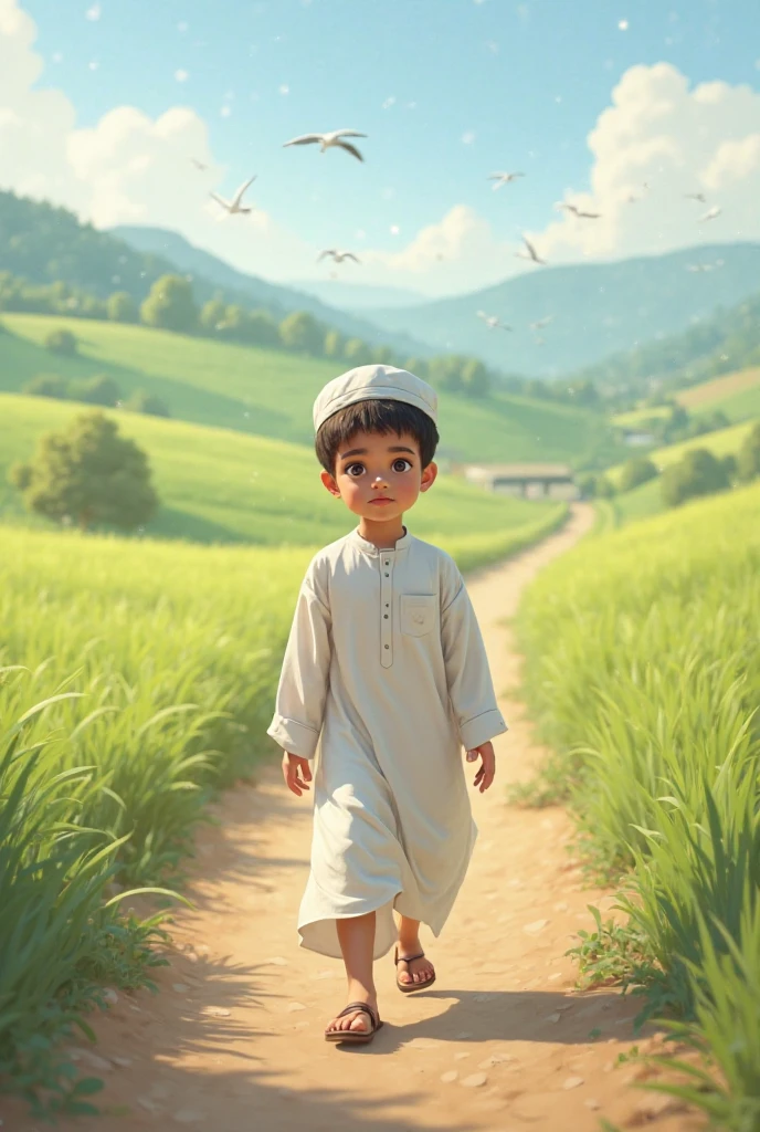 A young boy wearing white panjabi,paijama & tupi,looking to sky
