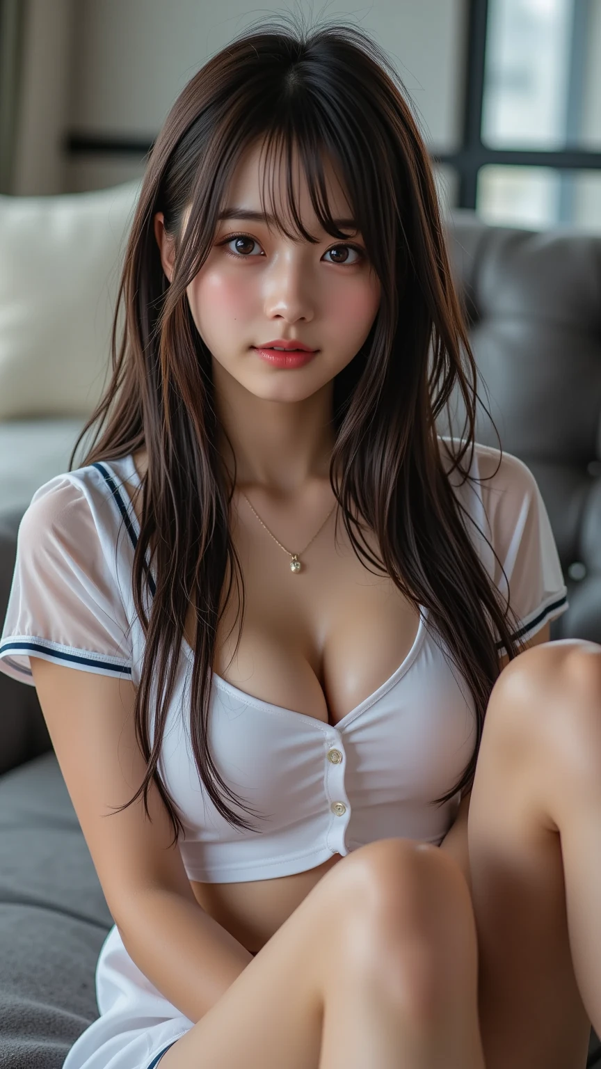 ((Sunburn))、((Sunburnしたギャル))、One Girl,(Gal Hairstyles)、 (beautiful girl, Delicate girl:1.3), (14 years old:1.3),(Please unbutton your shirt and look at your chest....)、((hostess&#39;Curly Hair))、,15 years old、((Small breasts))、(とてもSmall breasts))、((可Adorableセーラー服))、（8Kんin，Highest quality），school classroom，student，class，((JK skirt))，blue Wet shirt, Wet shirt, Adorable， smile， Narrow side， short, fine hair， 32Kin, masterpiece， Best image quality，Ultra-high resolution，Perfect hands，look up_in_audience，wet skin,(( Legs wide open)), ((Spread your legs)), Looking at the camera, Eye for details, Beautiful Eyes、Dynamic Movement


