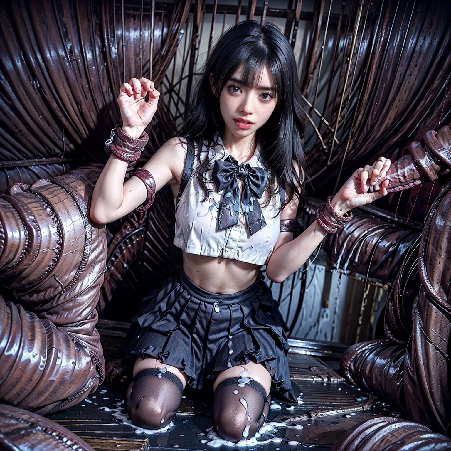 (8k、RAW Photos、highest quality、masterpiece:1.2)、(Realistic、Realistic)、1 girl、((pink and black police uniform、Shorts、、Big Breasts、I can see your chest、View from the front、belt、Knee socks、、Stand with hands on hips、In the city))、((hogtied&gagged))