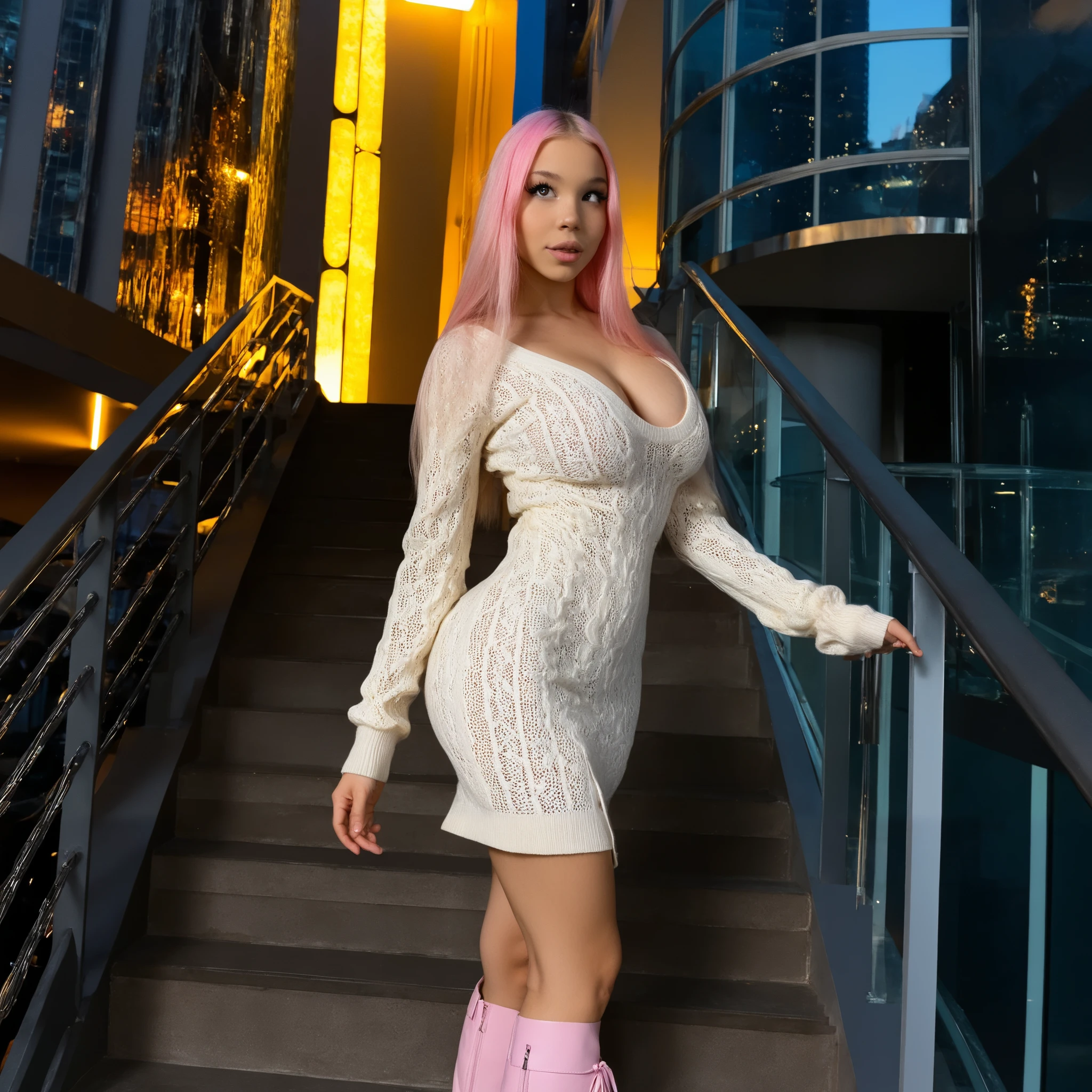 a one woman, Nude Lace Cut Out Bodycon Dress, long pink hair, blue colored eyes, big boobies, muslos grandes, super detaill, high resolution, 8k, Overview
