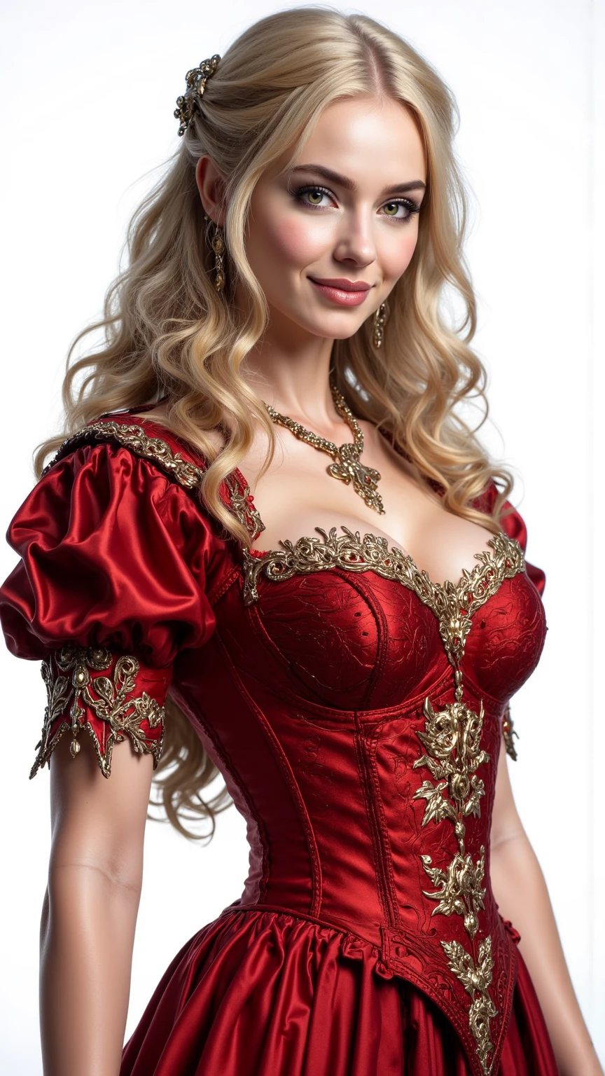 high quality fingers, normal hands, detailed fingers, masterpiece, (realistic, photo-realistic:1.37), (full body:1.5), High-end editorial-style photoshoot highlighting the beauty of a woman with blonde hair and bright blue eyes, dressed in a chic red and black corset, thin waist, seductive smile, large tits, perfect body, perfect face, (full body:1.5), set within the refined atmosphere of a Victorian ballroom. Stylish, elaborate jewelry made with expensive gems.