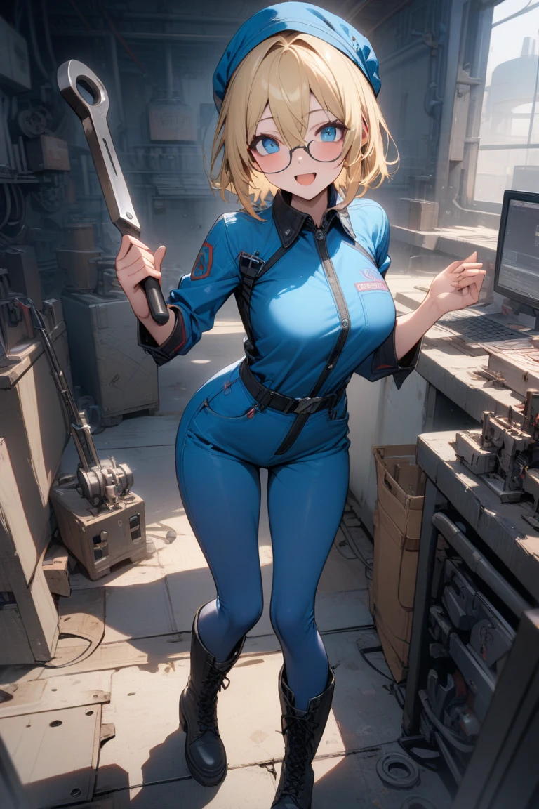 1girl, medium breasts, ((leotard, highleg leotard, light blue leotard)), (lighting bolt emblem on chest), bare legs, (tight belt), boots, matching boots, gloves, city backdrop, solo, single, standing, back view, full body shot, cowboy shot, superhero, beautiful detailed eyes, power, ((blonde hair, short hair, wavy hair)), high school backdrop, outdoors, mature lady, teacher