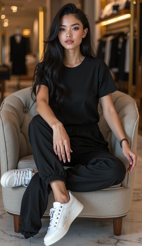 *"A high-quality, full-body digital image of a stunningly beautiful young woman with European features, light skin, and long, flowing black hair, sitting elegantly in a plush armchair inside a luxurious high-end boutique. She has a confident yet relaxed expression, exuding charm and sophistication. Her hair cascades naturally over her shoulders, adding to her glamorous and polished look.
The woman has a well-proportioned figure with a natural, feminine silhouette, including a full bust (approximately a third size) that enhances the fit of her outfit while maintaining a tasteful and elegant appearance. She is wearing a sleek, all-black sportswear set consisting of a classic black T-shirt with a round neckline and short sleeves, paired with black jogger pants made of high-quality elastic fabric. The T-shirt has a clean and minimalistic design with a slightly relaxed fit, offering a chic yet casual look. The black joggers feature a tapered fit, an elastic waistband with drawstrings, and subtle design details, ensuring both comfort and style.
Her pose is graceful yet natural, with one leg crossed over the other and her hands resting gently on the armrests of the armchair. She completes her outfit with crisp white sporty sneakers, adding a fresh and modern contrast to the all-black ensemble. Her makeup is soft and polished, enhancing her striking features with a natural glow.
The setting is a luxurious boutique with an opulent interior, featuring marble floors, elegant displays of designer clothing and accessories, and soft, ambient lighting. The atmosphere blends modern style with timeless elegance, highlighting both the woman’s beauty and the upscale environment. The overall composition creates a visually captivating and aspirational image, balancing casual comfort with luxury and style."*