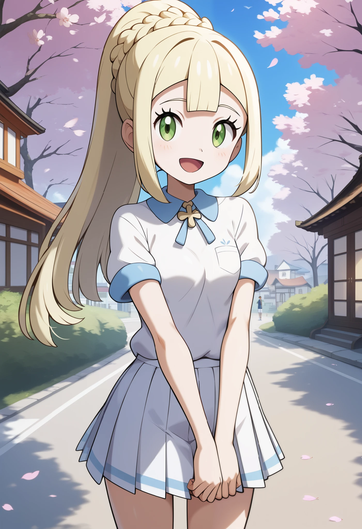 score_9, score_8_up, score_7_up, score_6_up, score_5_up, score_4_up, source_anime, Ally Lee, long hair, blond hair, French braid , ponytail, green eye, small breasts, white shirt, short sleeve, pleated skirts that blow out, white skirt, cross your arms on your back, lean forward, standing, outdoor, open your mouth, cherry blossoms, smile, town, road,