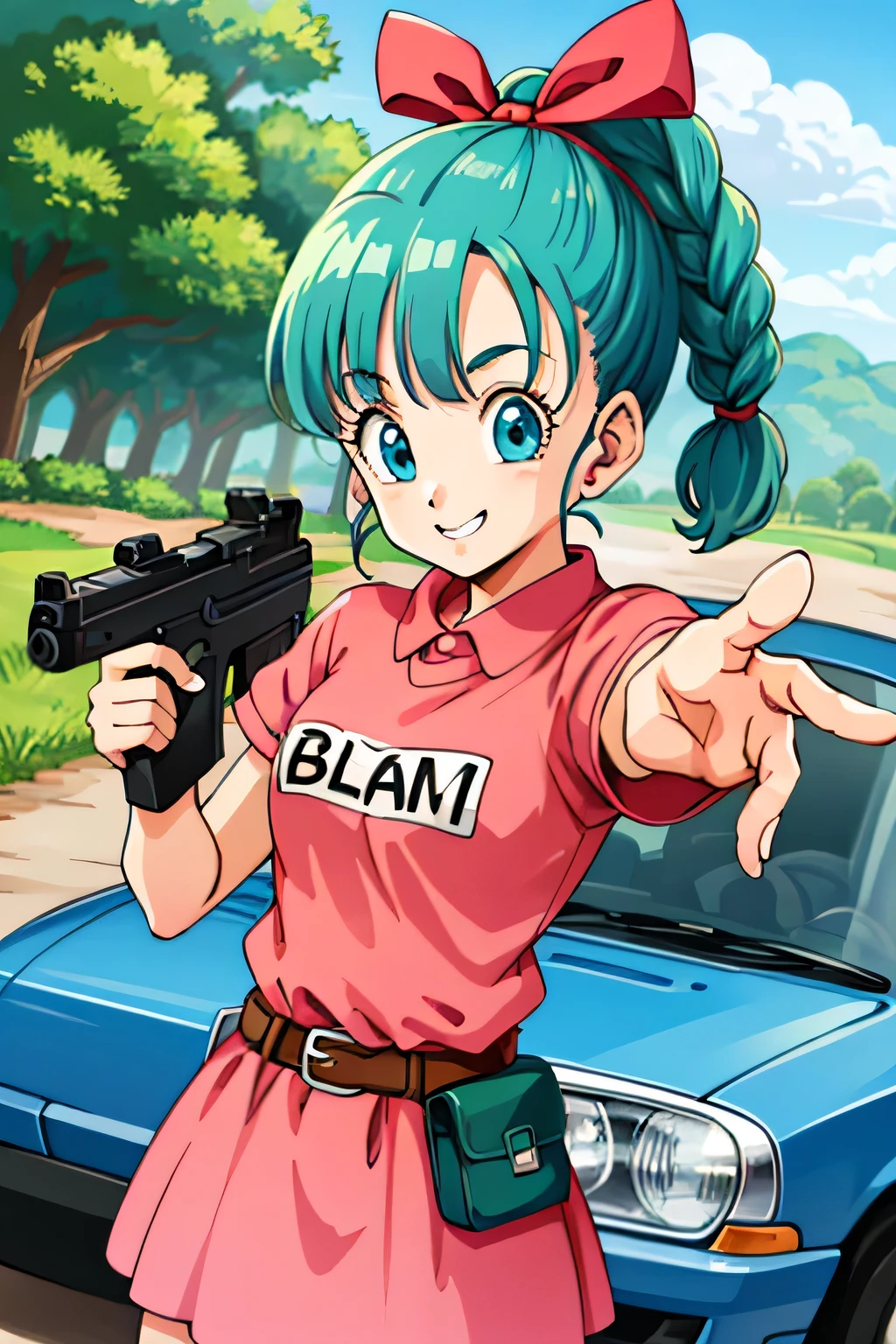 Masterpiece, top quality, Ultra Detailed, 8K, 1 girl, dragon ball, blmmid, aqua hair, medium hair, blunt bangs, red hairband, medium breasts, pink shirt, pink skirt, belt, smile:1.1, hair ribbon, braided ponytail, looking at viewer, weapon, holding gun, Aim for, (aiming at sky), small round car