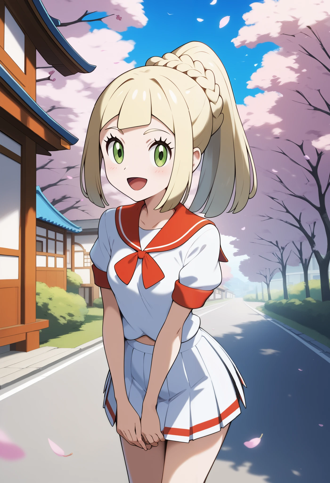 score_9, score_8_up, score_7_up, score_6_up, score_5_up, score_4_up, source_anime, Ally Lee, long hair, blond hair, French braid , ponytail, green eye, small breasts, white shirt, short sleeve, pleated skirts that blow out, white skirt, cross your arms on your back, lean forward, standing, outdoor, open your mouth, cherry blossoms, smile, town, road,