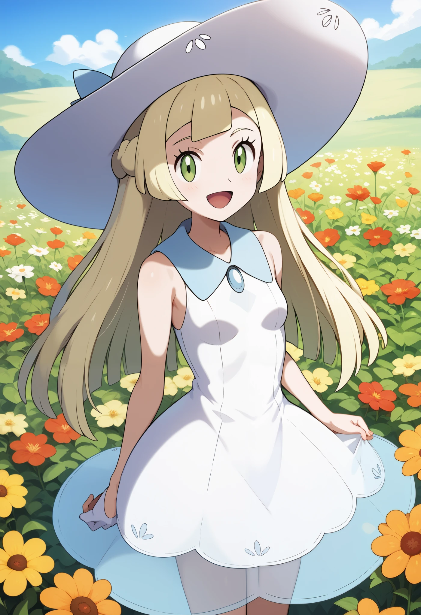  score_9,  score_8_up,  score_7_up,  score_6_up,  score_5_up,  score_4_up,  source_anime, Ally Lee,  long hair, blond hair, twin blade,   sun hat, white headwear, green eye,  small breasts, Collared dress, white dress, sleeveless,  see-through, standing, cowboy shot, outdoor, Flower Field, has a PokéBall, smile,  open your mouth,