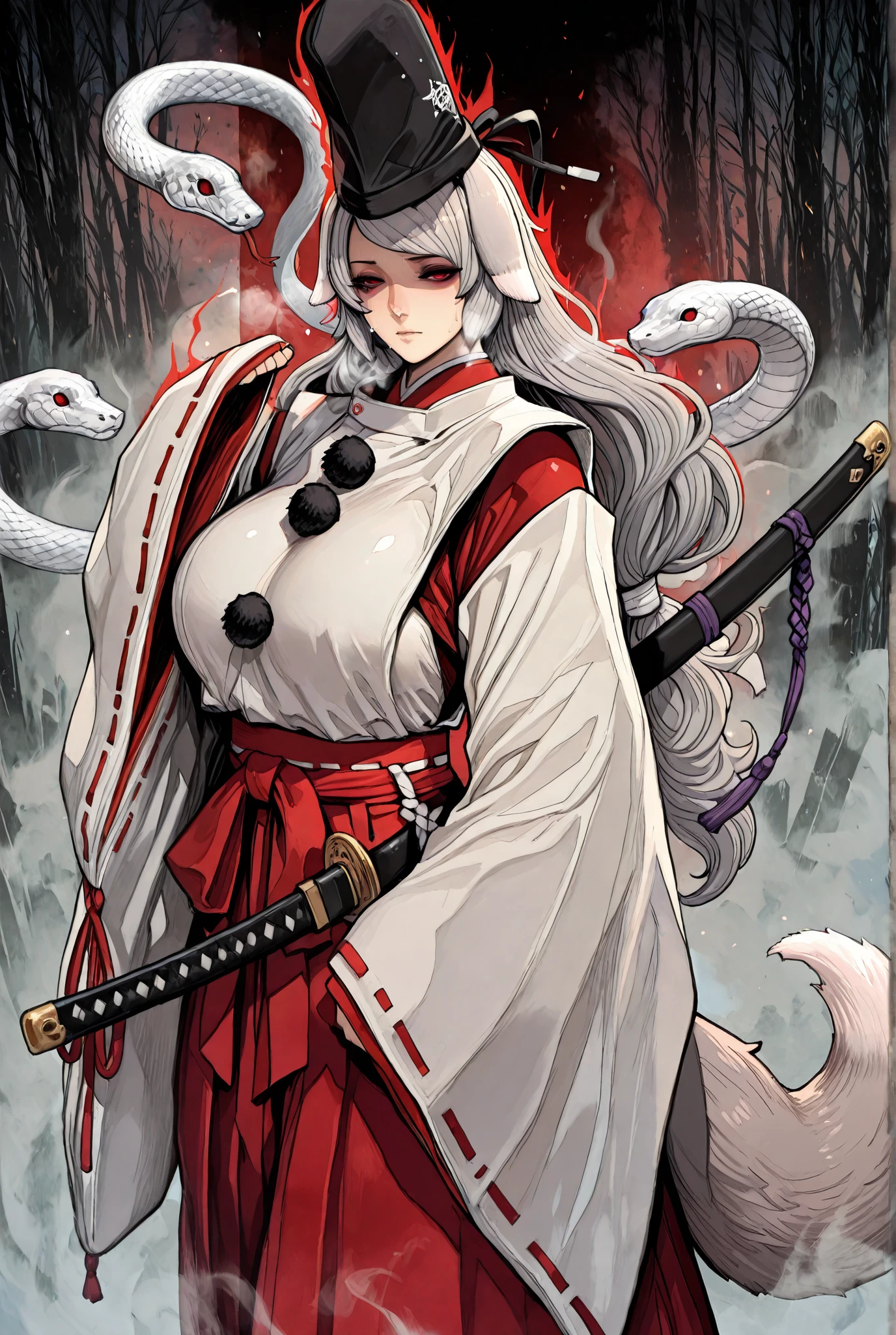 (Luxu-style:1.4), (Oda non-style:1.2), masterpiece, high quality, absurdres, best quality, very aesthetic, newest, anatomical correct, HD, 4K, digital art, trending on ArtStation, gasping, heavy breathing, excessive sweating, sweating, sweating profusely, gasping profusely, cinematic, ((skindentation)), ((voluptuous)), long hair, grey hair, red eyes, dog ears, dog tail, PursenaMT, hollow eyes, large breasts, japanese_clothes, 1girl, weapon, snake, solo, sword, hat, tate_eboshi, sheath, sheathed, expressionless, kariginu, sleeves_past_fingers, sleeves_past_wrists, looking_at_viewer, miko, wide_sleeves, hakama, skirt, long_sleeves, (aura:1.2), half-closed eyes, tori, solid cloud, fog, shaded face, (sui_Ishida-style)