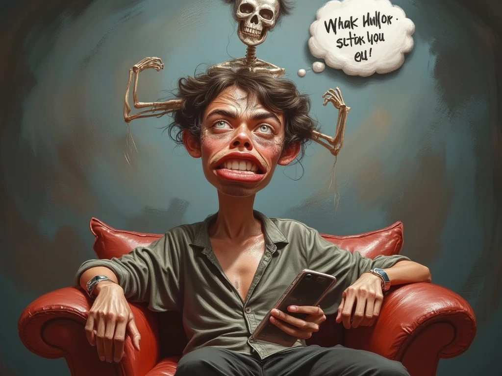 VERY SKINNY UGLY MAN SITTING ON THE SOFA TRYING ON HIS CELL PHONE WITH A BUNCH OF BS NEXT TO HIM