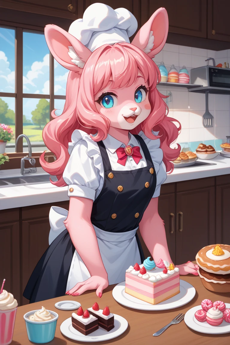 The background is a clean pastry shop kitchen。The black cat is putting whipped cream on the cake。There is a rabbit sugar candy on top of the cake。