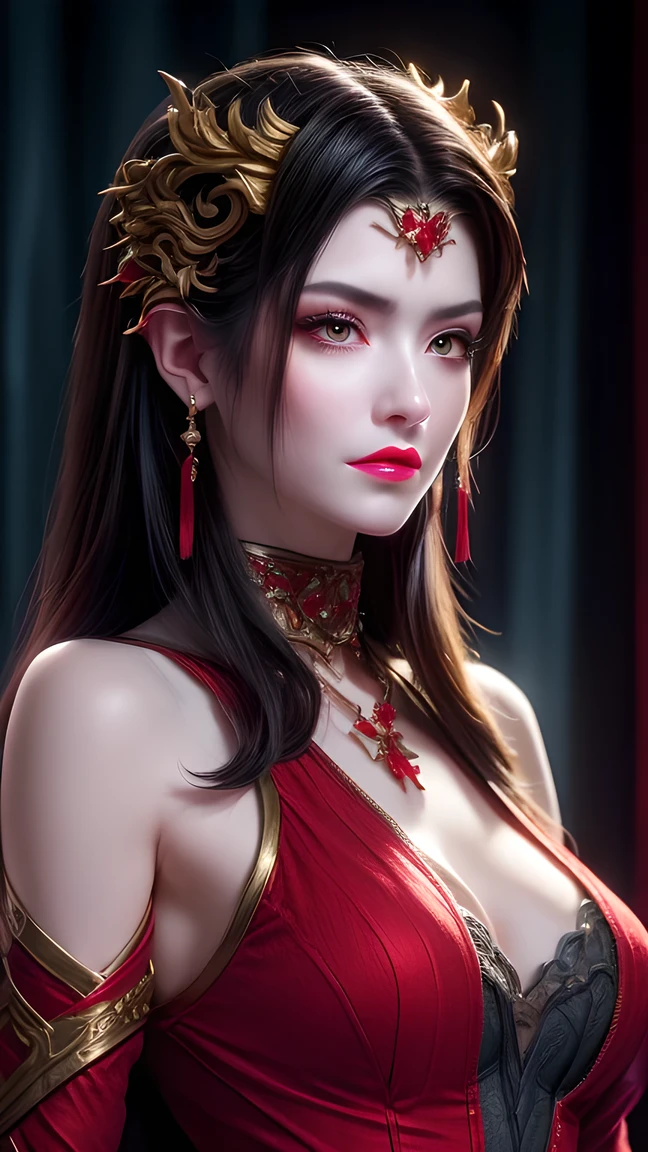 (Realisttic:1.2), analog photo style, (cute goblin wooman looking like elf, intensed red eyes, surrounded by a gloomy antique setting), (her full body s a visual pleasure), faint smile, soft shading expresses beautiful skin texture, silk material, elegant dress, Graceful curve from ankle to toe, leather pumps, light reflection on the floor, ornate embroidery and embellishments, an elegant necklace, thin bracelets on the wrist, rich and lustrous hair, three dimensional effect, gloomy dark atmosphere, play of light in the sun rays, a delicate balance between beauty and darkness, faded colours, great quality, Masterpiece, intricate fantasy background, naturally cinematic light, 16k quality, HDR, RAW photo
