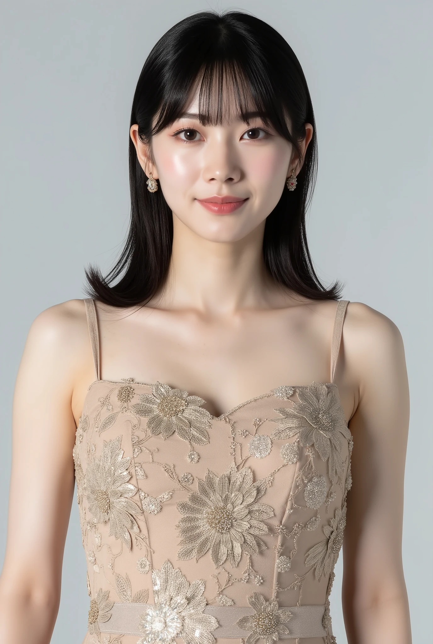 Create a stunning portrait of a very beautiful Japanese actress. She is wearing an elegant costume and has a slim figure with a small bust. The setting is a professional photography studio, where she stands confidently. The lighting is cinematic, enhancing her features and creating a bright, clean look, as if shot with a white reflector. Her medium-length hair is styled neatly, adding to her refined appearance. The overall image should be luminous and visually striking, capturing the essence of a high-quality, film-like photograph.