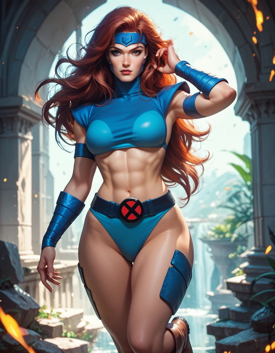 Jennifer Garner as Dr. strange, defined muscles, red hair, athletic build, tight costume, highly detailed, sexy revealing lots of skin, large breasts, ((bare breasts)), ((dark tan)), ((cobalt blue eyes)), ((butt to the camera)), ((rear view)), (((red outfit))), (((camel toe))), (((cameltoe)))