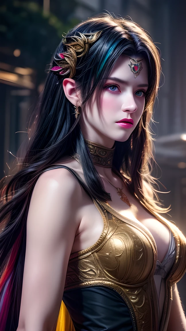 Beautiful painting of perfect female vampire, slender figure, huge breasts, shapeless long hair, perfect features, (wearing extremely baroque vampire robes), abstract beauty, near perfection, pure form, dynamic pose, ethereal background, (deep dark shadows), (strong cinematic lighting), (back lighting), concept art by Greg Rutkowski and John William Waterhouse and Alphonse Mucha, stunning details, intricate details, 8k post-production, High resolution, super details, trending on ArtStation, sharp focus, depth of field f/1.8, studio photos, (((looking at camera))).