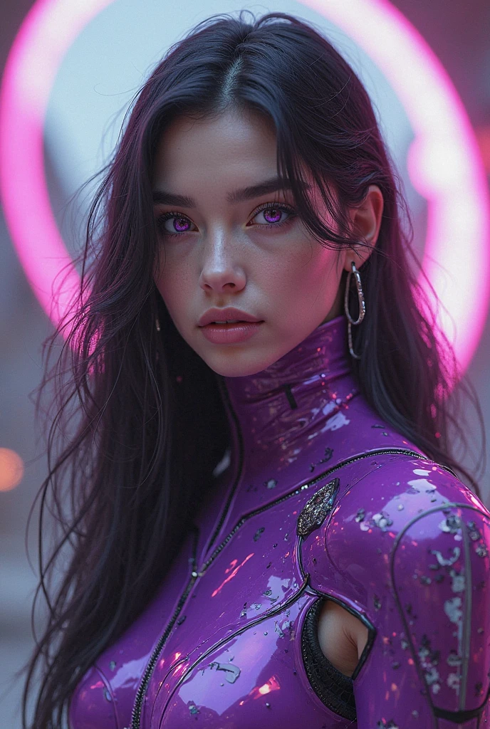 In a hyper-realistic, 16K UE5 editorial photograph, a model showcases avant-garde fashion cloth against a futuristic, vaporware aesthetic backdrop. Soft, vibrant colors and holographic patterns dance across metallic textures, while neon lights and glitch effects create a dynamic composition. The subject's asymmetrical design features voluminous drapes and multi-layered textures, complemented by imaginative accessories and avant-garde makeup. In an urban setting, the model strikes a bold pose, surrounded by blurred lines, distorted shapes, and edgy silhouettes that defy gravity.