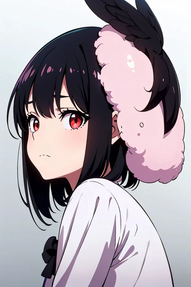 8k,illustration,short hair,masterpiece、 Premium quality,white background, black_hair, red eyes,solitary,1 girl,best quality, is extremely delicate、 black hair short bob、Double eyelids,simple background、 immature ,Ethereal,white background,Flirtatious eyes,Cold,Sexy cute sweet girl,Empty inspiration, Charming Smile , Looking Back ,only face,From below, (despise, disgust,Shadow Face,watching the audience,Frown)