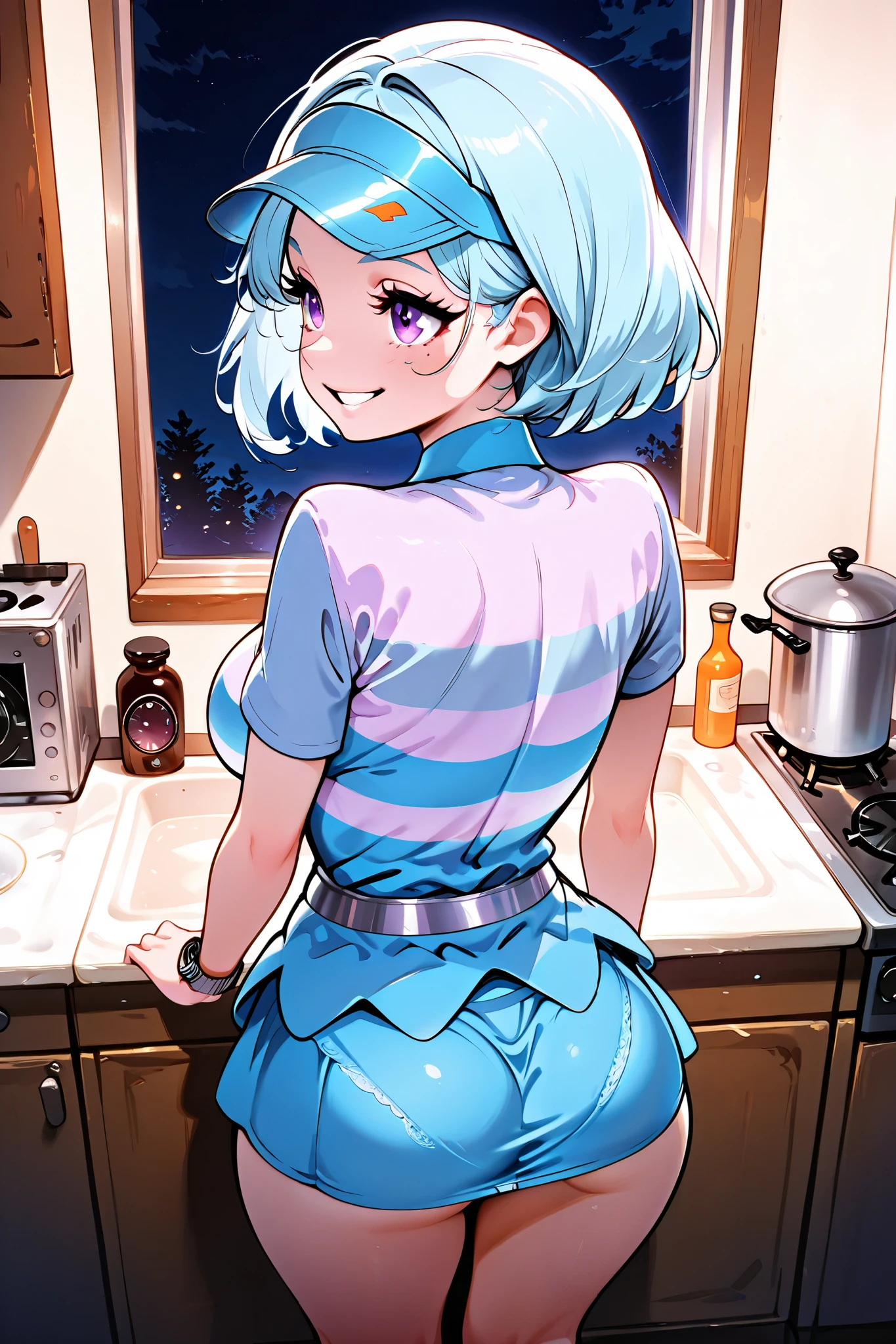 high definition, 8K, detailed face, big ass, grabbing her ass, showing her ass, bending over touching feet, Bulma from dragonball z, Deep blue eyes, ((pink see through lingerie)), spa, (large breasts)), slim and thin, body of equal proportions, ((focus on her ass)), back view, four fingers and 1 thumb, ((2 hands)), Blue hair, Beautiful smile, Smiling at viewer, blushing cheeks,