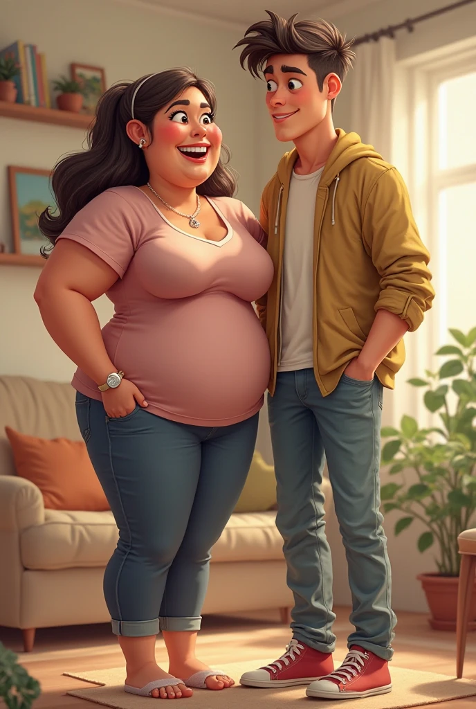 A fat couple,1 man (25yo) , , sexy pose, handsome face, curly hairstyle, , seductive smile, purple casual shirt, short pants, A hyper realistic carricature ,photorealism,of a 1 skinny woman 25 yo.with black random hair style,standing.wearing with pink casual shirt ,jeans ,light smile, high detail,3d render,high definition. .grey background